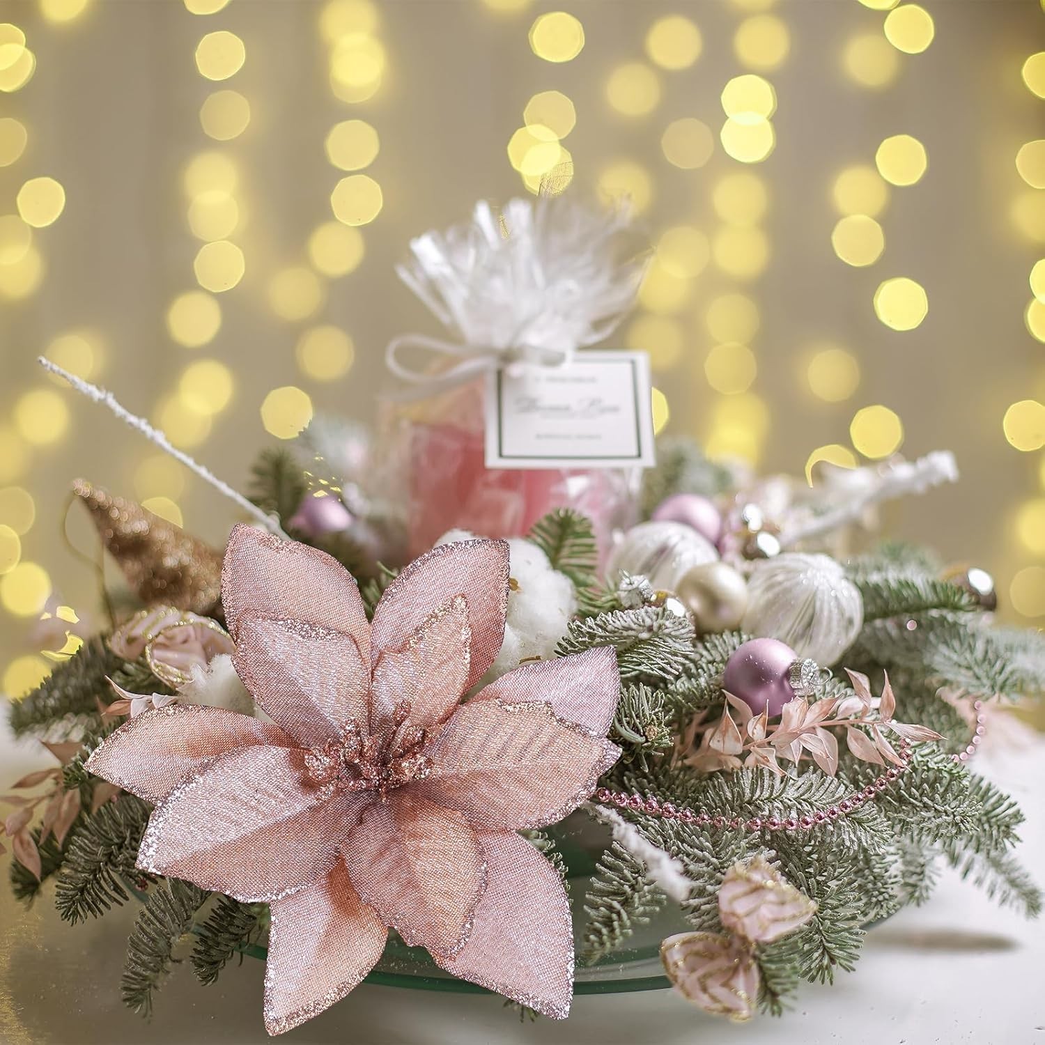 24 Pcs Christmas Glittered Poinsettia Floral Picks Rose Gold Artificial Silk Poi