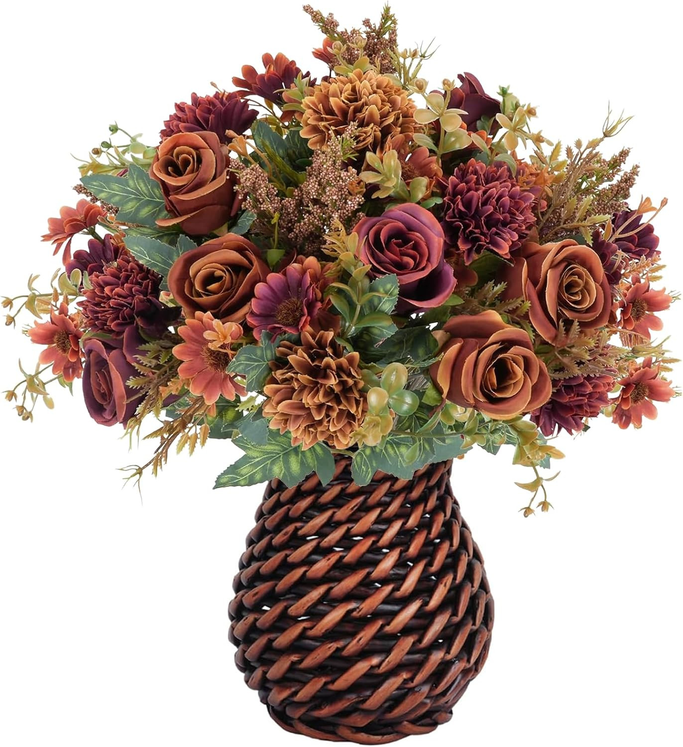 Autumn Silk Flower Arrangement in Vase – Orange Roses for Home Decor (12.5″)
