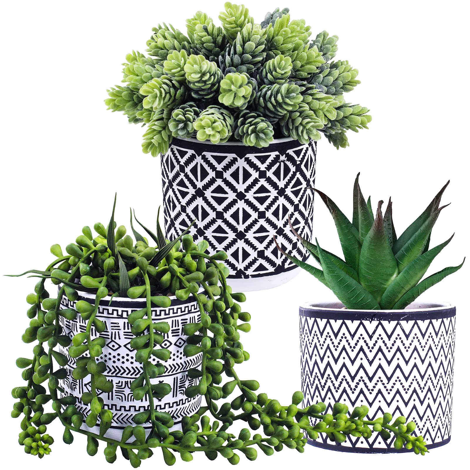 Winlyn 3 Pcs Small Potted Succulents Plants Artificial String of Pearls Aloe