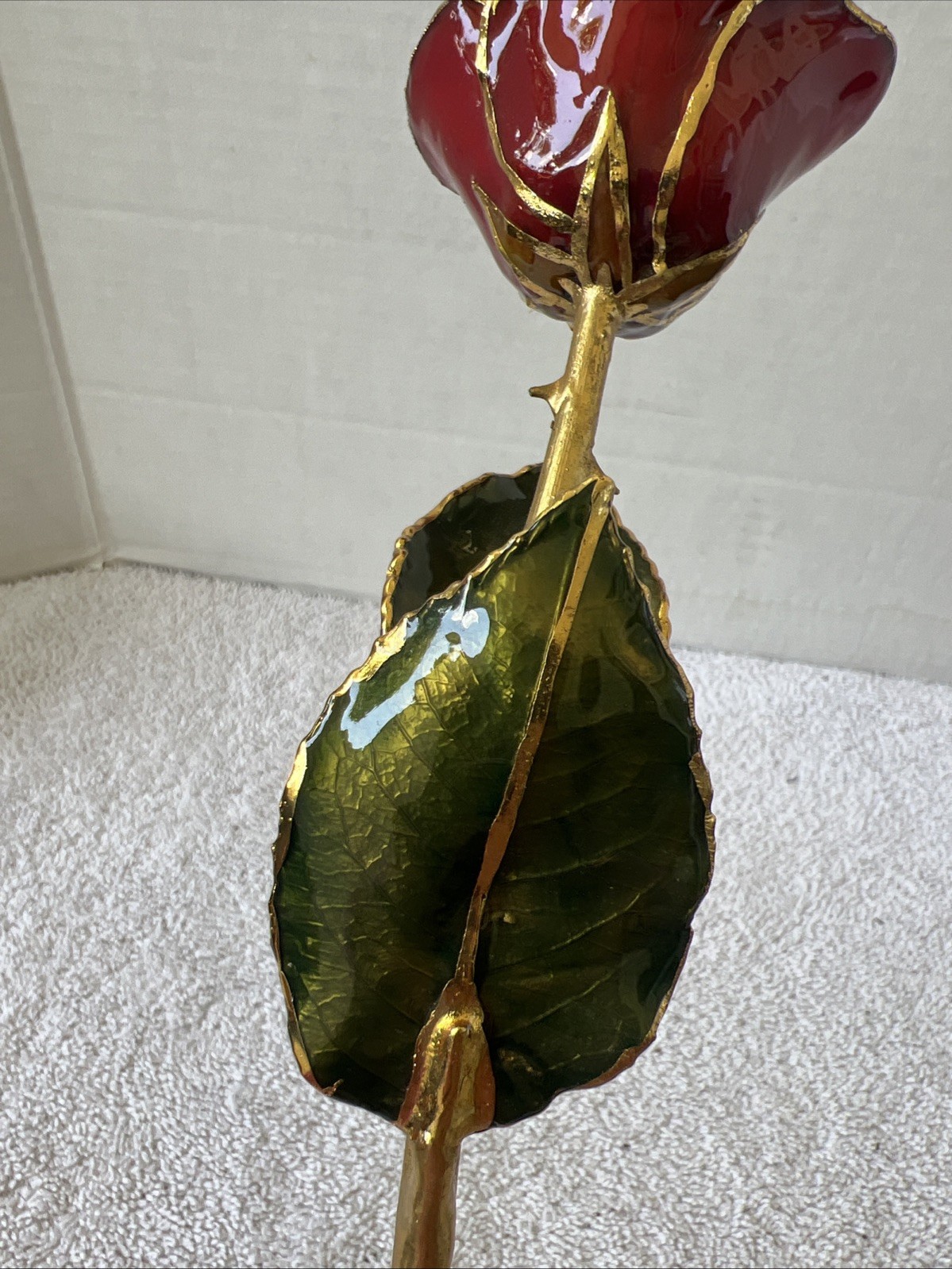 Handcrafted Preserved Red Rose Gloss Laquered With 24K Gold Plated Trimmed