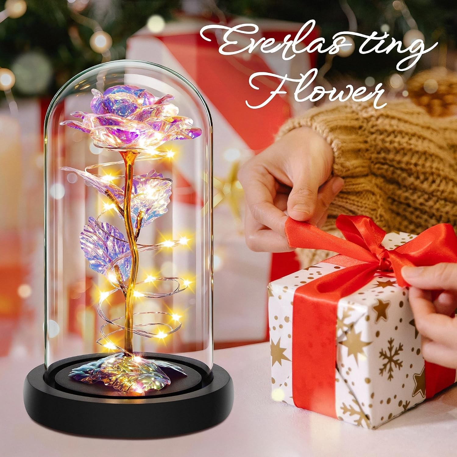 Eternal Rainbow Rose Gift with LED Lights in Glass Dome – Timeless Love Symbol