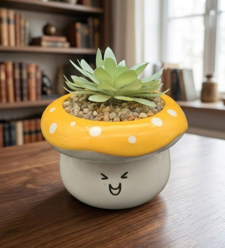 Succulent In Mushroom Pot With Face, Coffee Table Decoration