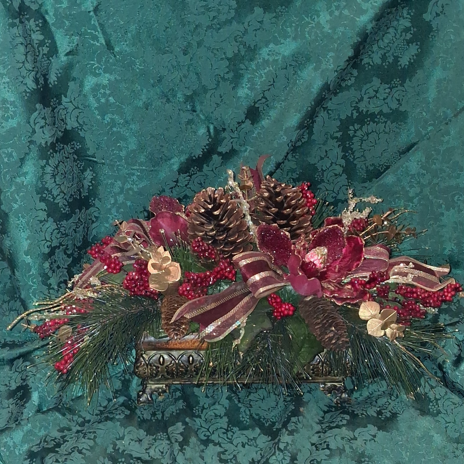 Artificial Christmas Centerpiece Arrangement with Pinecones, Berries, Ribbon