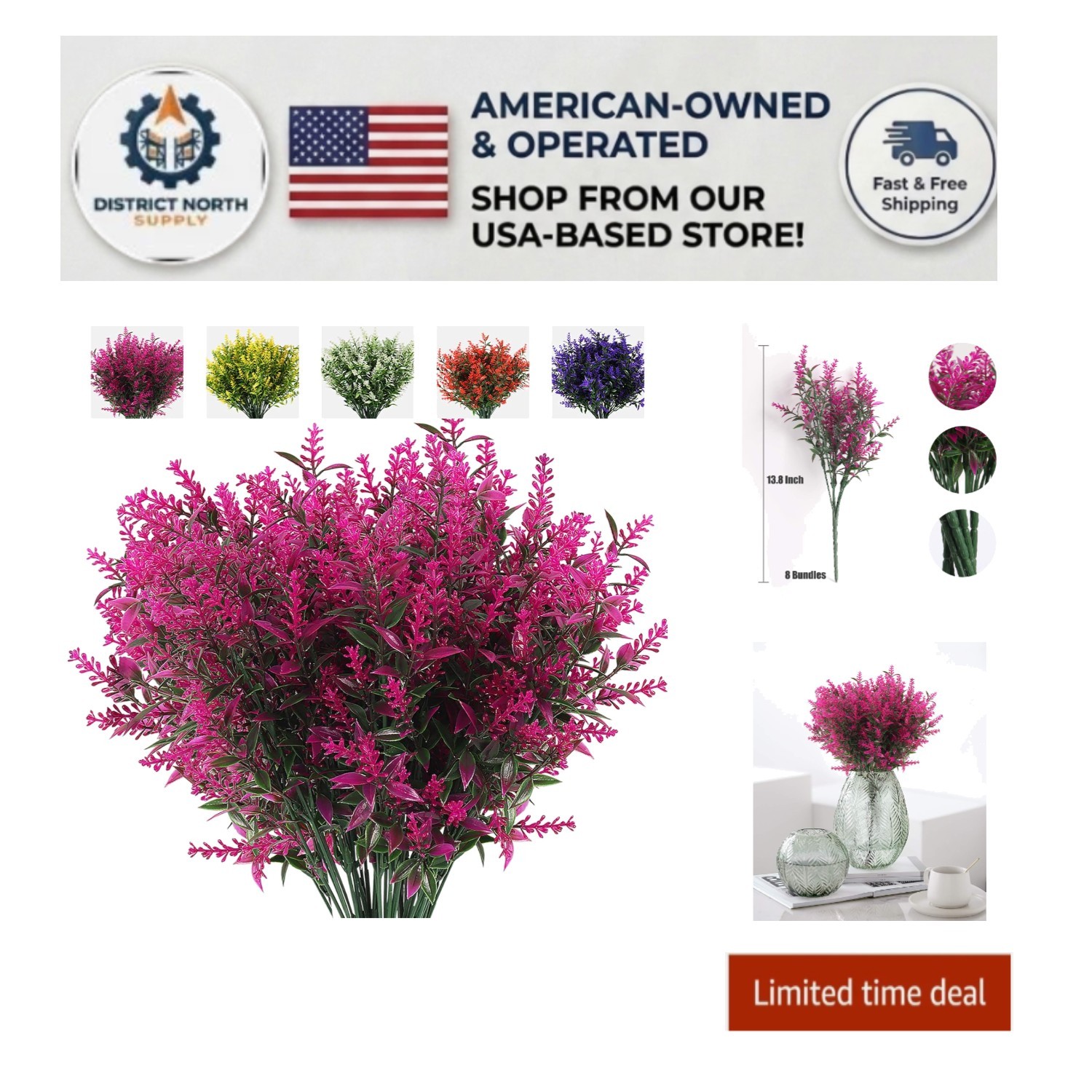 8 Bundles of Lifelike UV Resistant Lavender Flowers for Indoor/Outdoor Decor