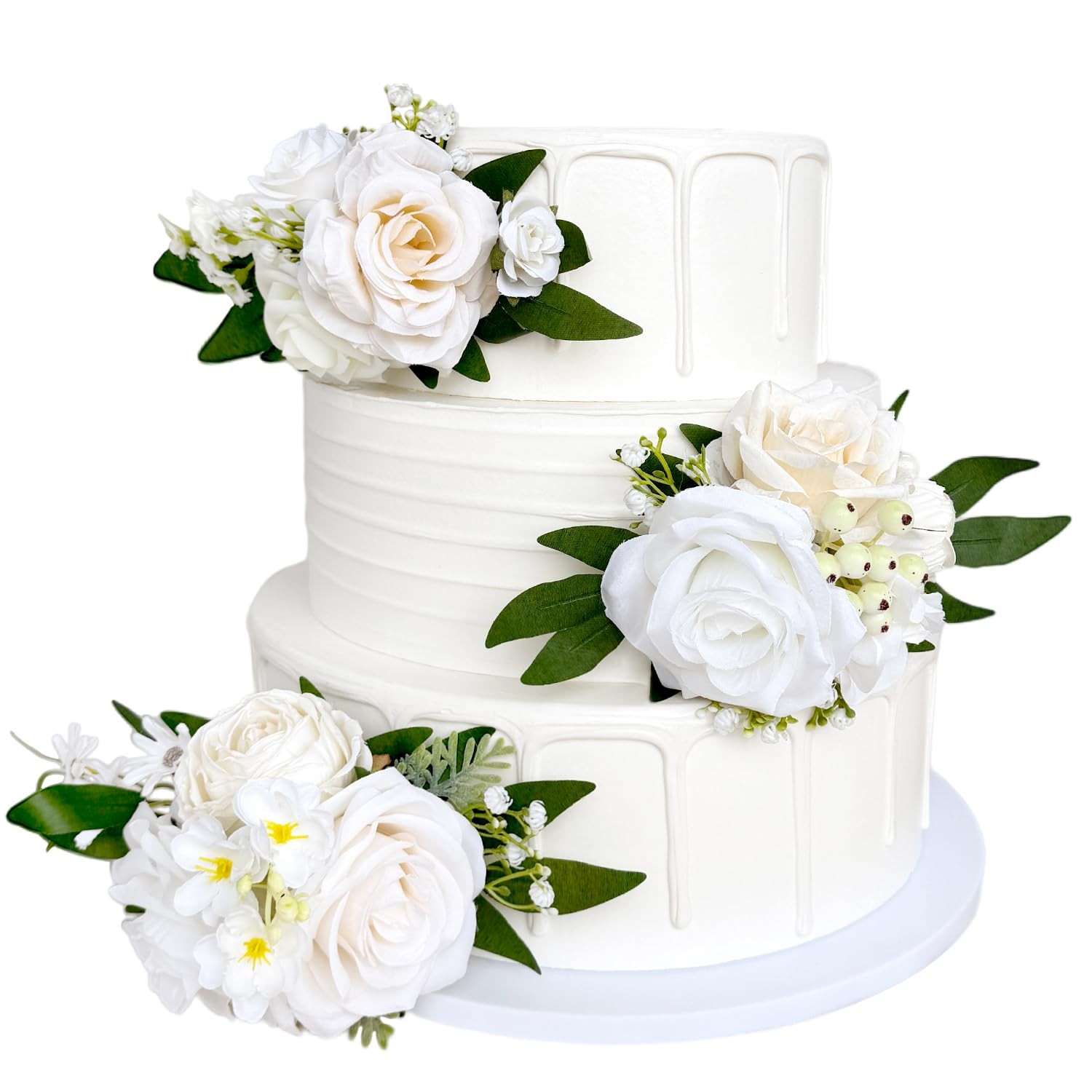 Pre-Made Ivory White Champagne Artificial Cake Flowers Set Silk Roses DIY Cak…