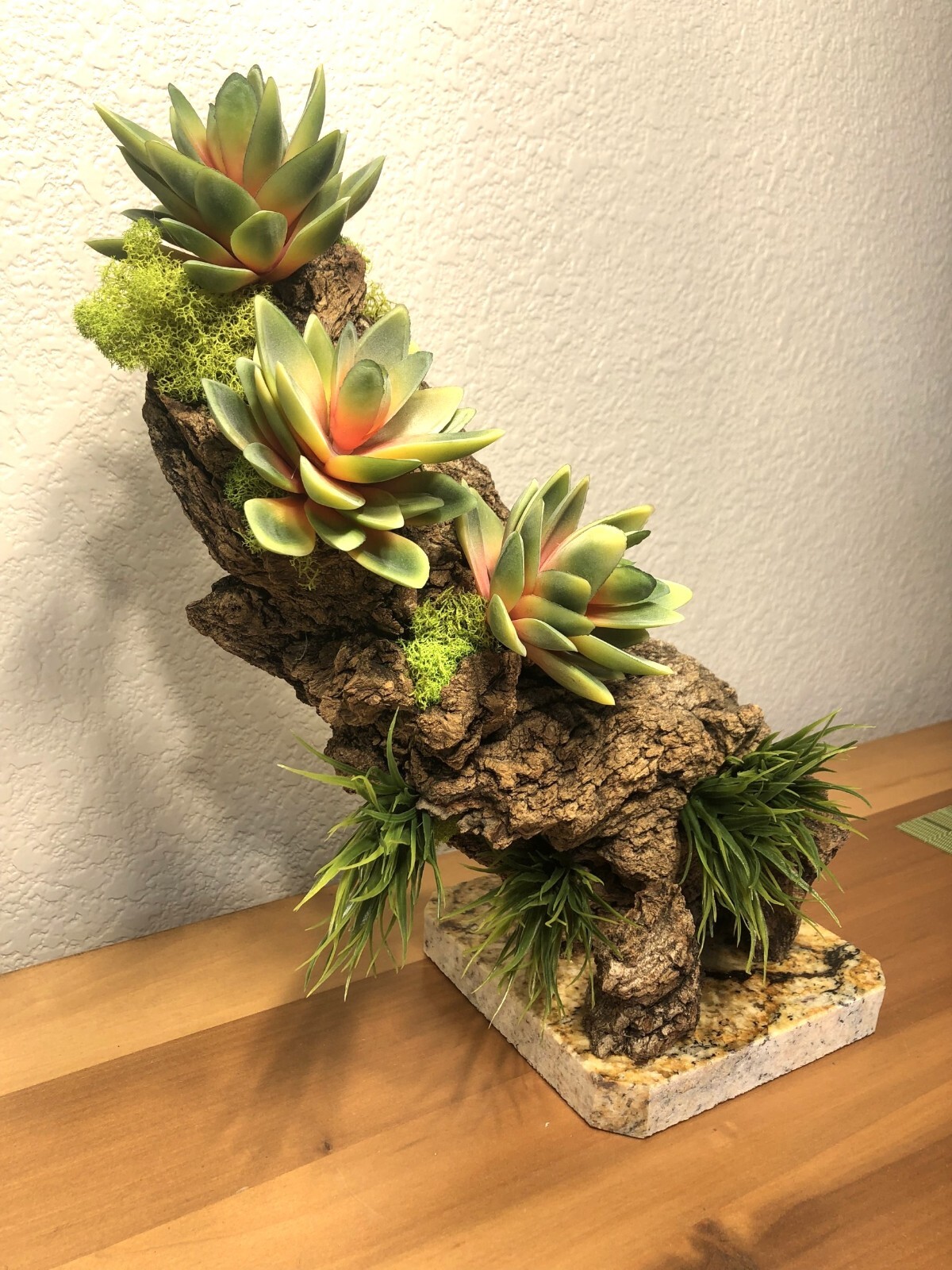 Artificial Succulent Air Plant Home Office Mounted on Real Wood Bark and Stone