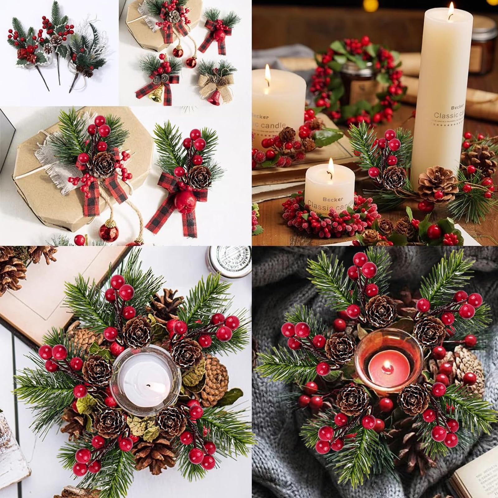 20PCS 4.5inch Red Berry Stems Pine Branches Evergreen Berries Décor Artificia…