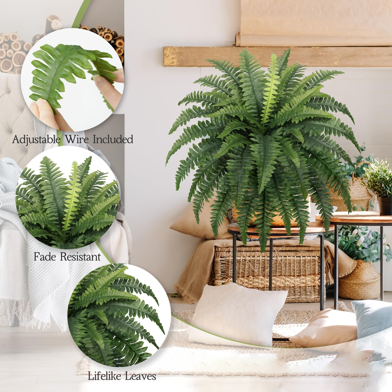 35″ Artificial Fern Bush, 2 Pack Boston Ferns, 39 Fronds, Outdoor Home Decor