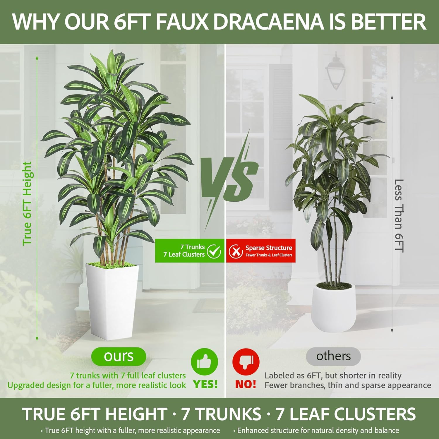 Lifelike 6FT Dracaena Indoor Plant Tree for Home & Office Decor – White Pot