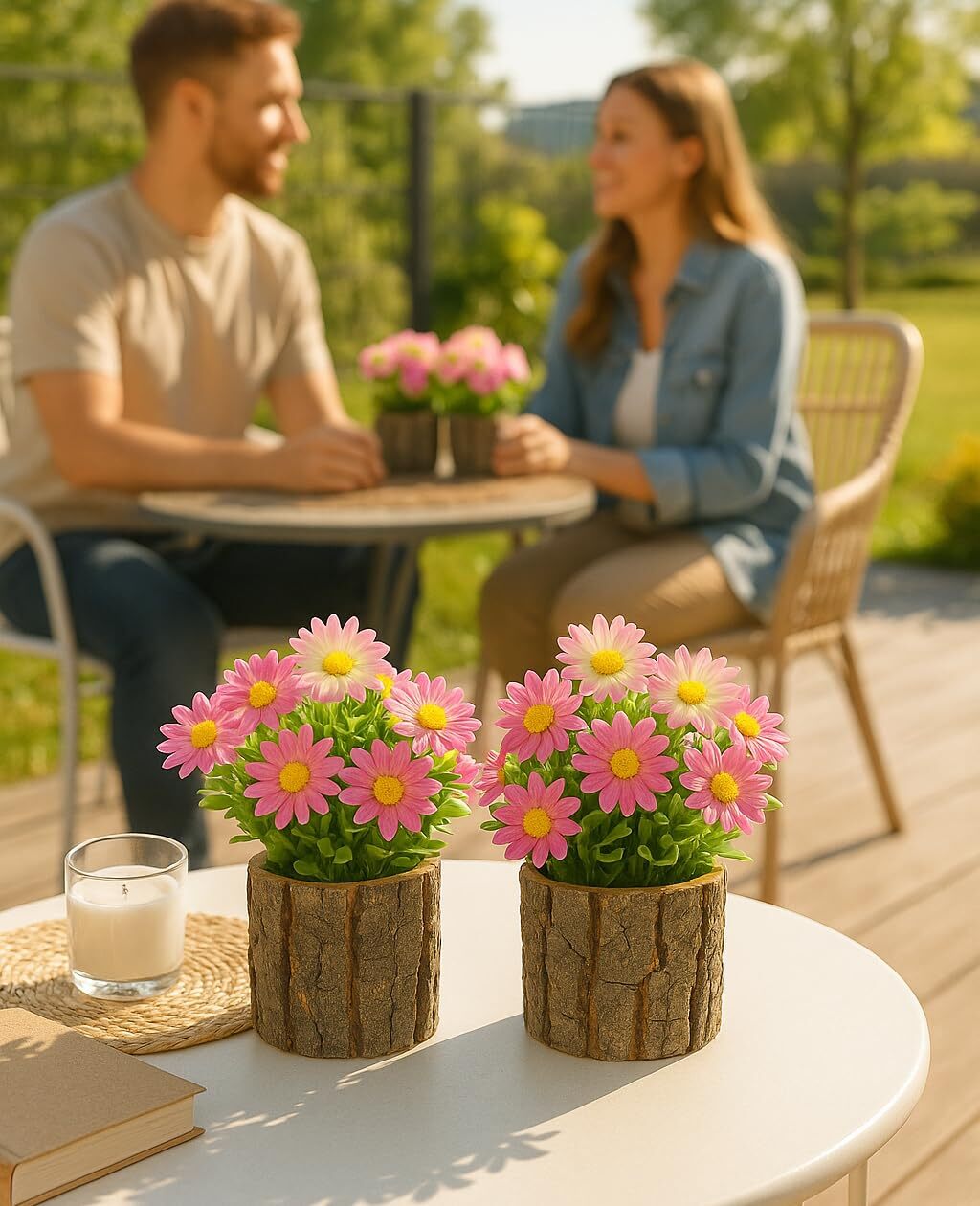 ARTIFICIAL FLOWERS FAKE DAISY FOR DECORATION SMALL POTTED PLANTS IN LOG PLANTERS