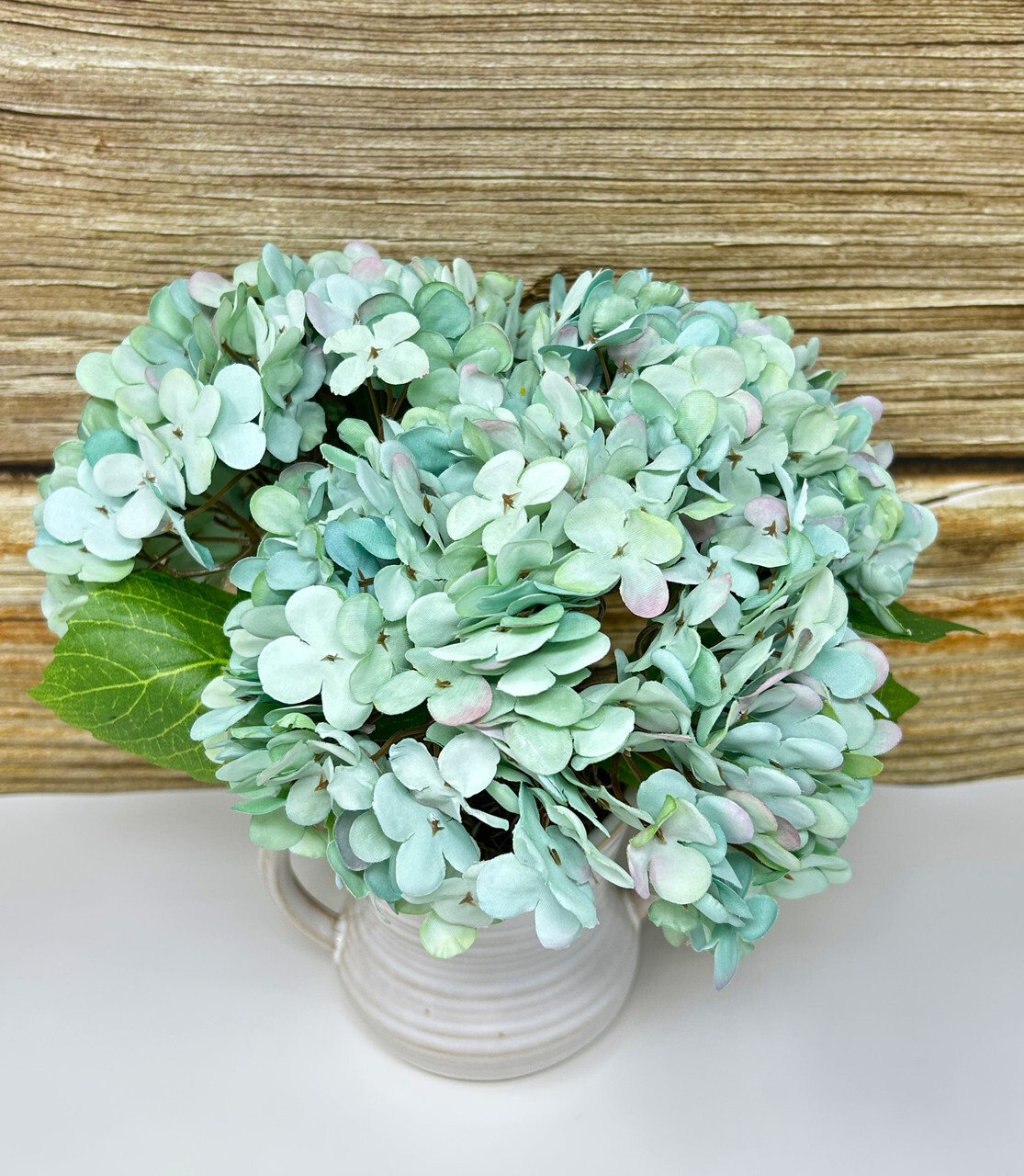 9″ Small Artificial Blue-Green Turquoise HYDRANGEA faux Silk flowers in White 2-