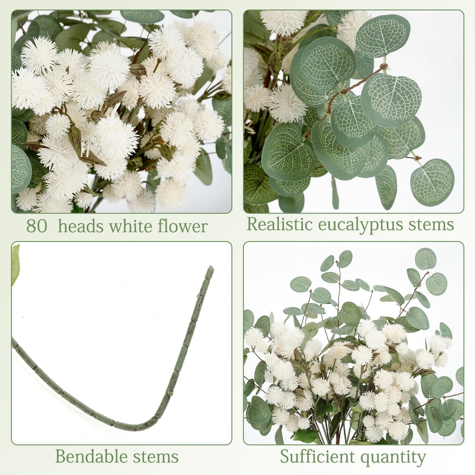 Artificial White Flower Chrysanthemum and Eucalyptus Stems Set,Faux Pom Pom F…