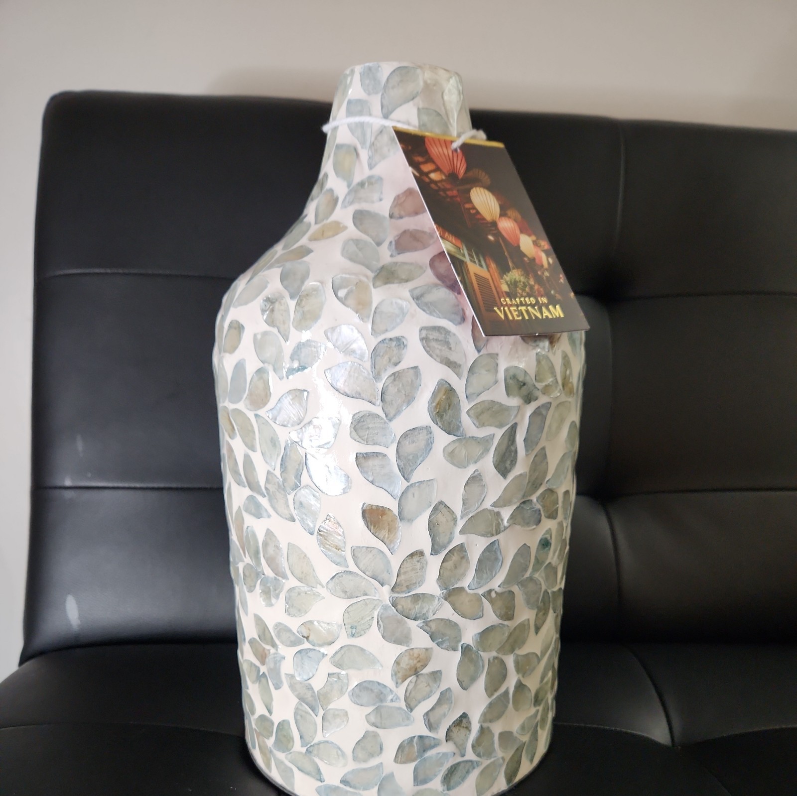 Handcrafted Textured Ceramic Vase Leaf Design Vietnam 12” Decorative Art