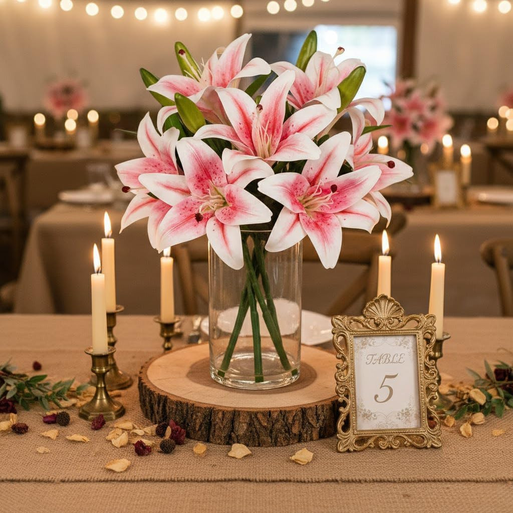 Pink Lilies Artificial Flower Arrangement with Glass Vase for Home Decor