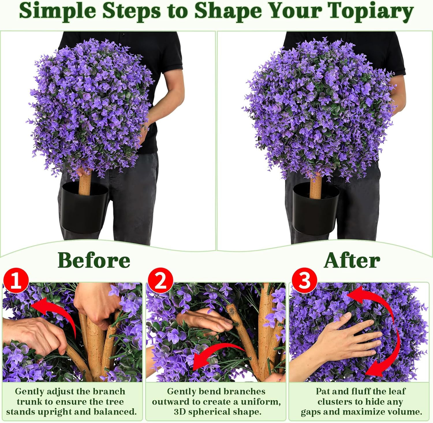 Set of 2 UV Resistant Purple Boxwood Topiary Balls in Black Pots, 26