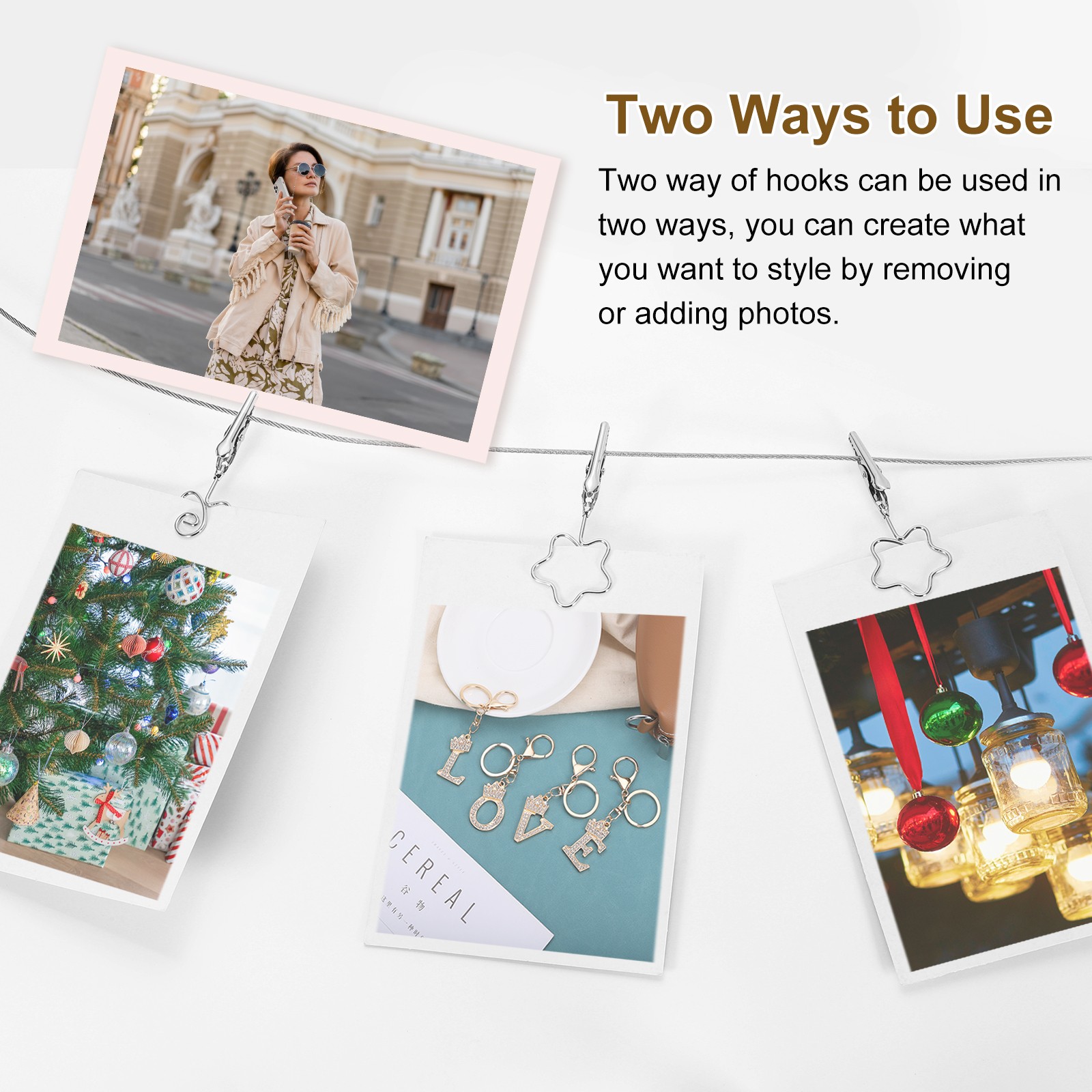 5Ft Wall Hanging Photo Display Cable Wire Rod with 10 Flower Clips, Silver