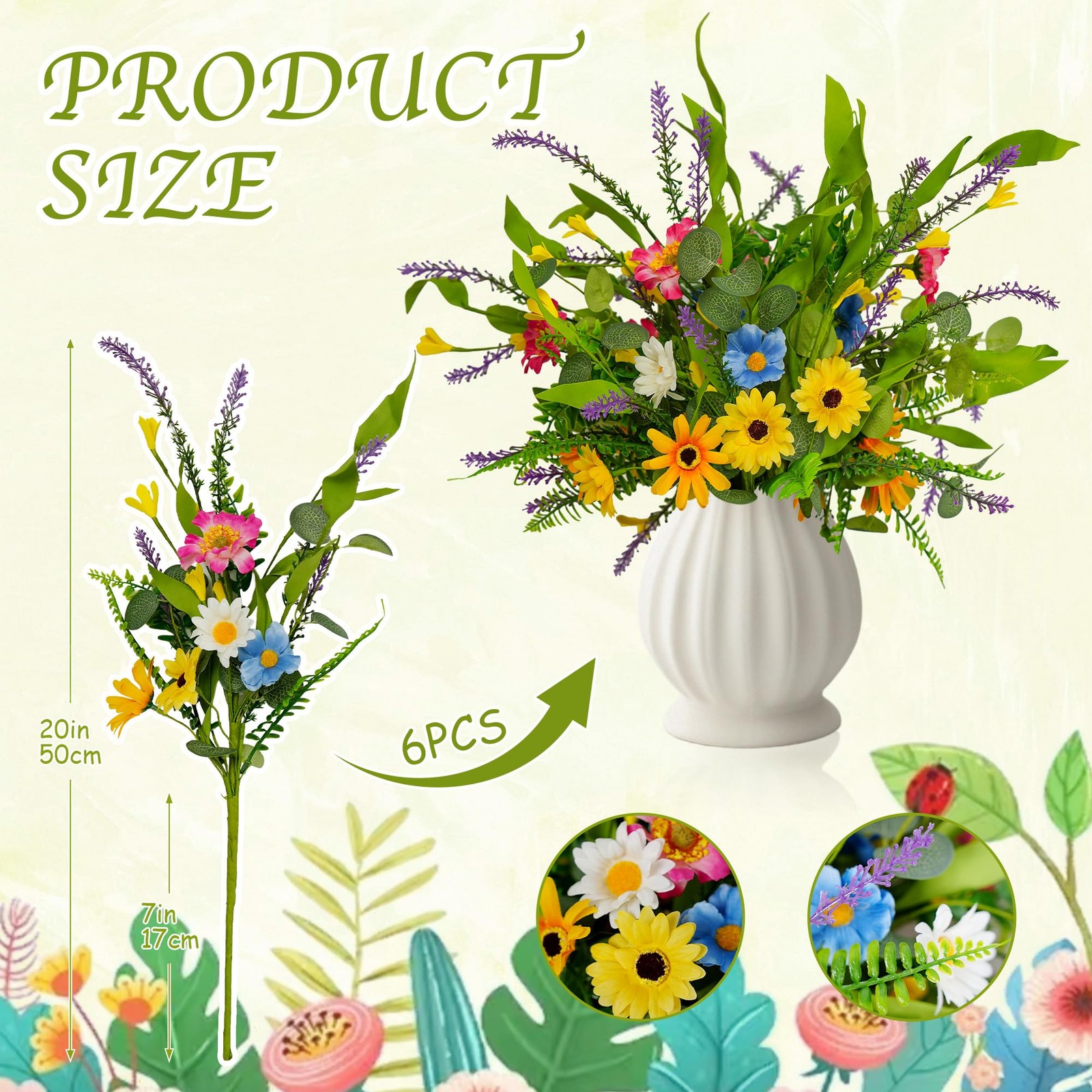 AZXVT Wild Flowers Artificial,Silk Floral Arrangements 6-Pack Fake Wildflower…