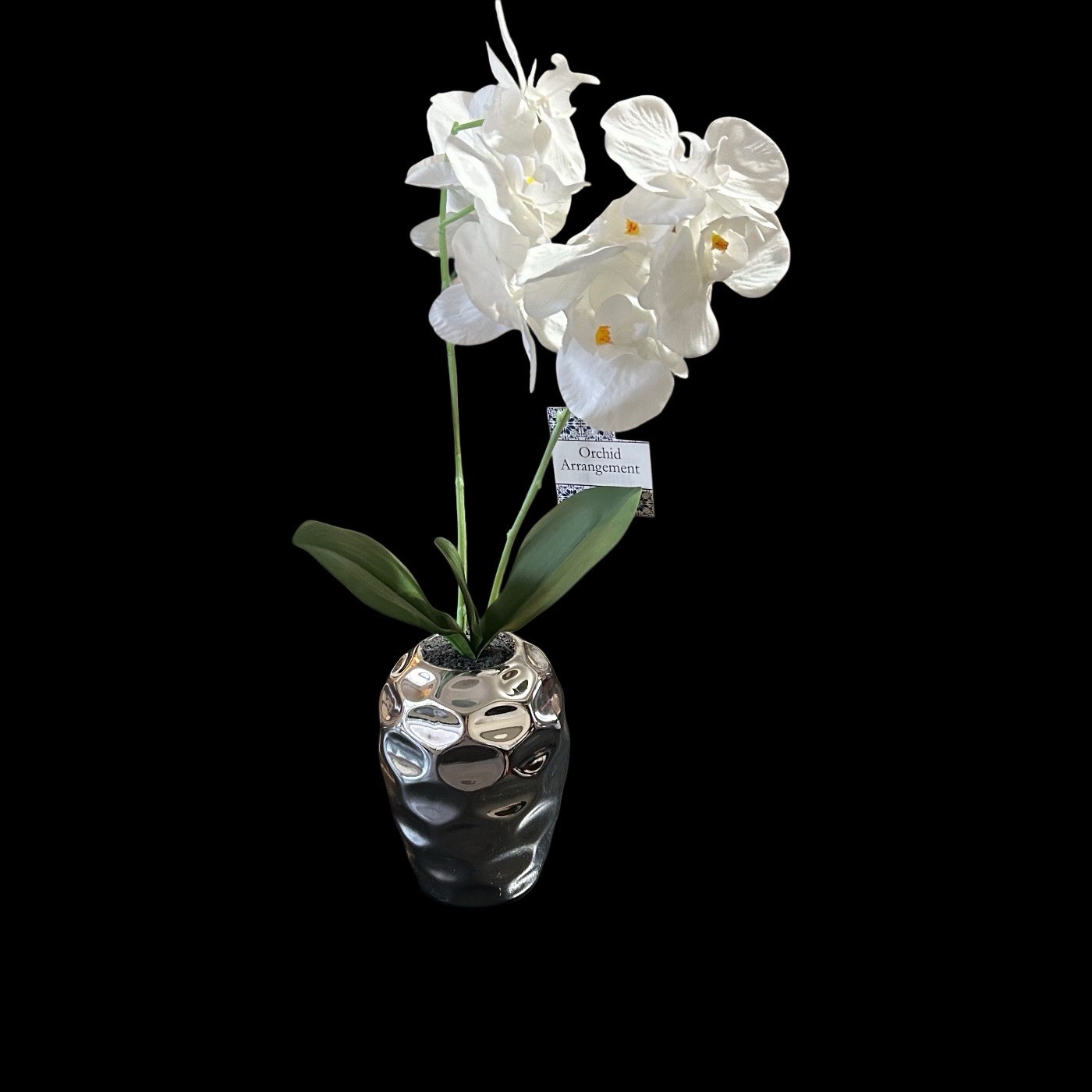 Orchid Floral Plant In Silver Metallic Vase 17” Table Art Modern Home Decor New