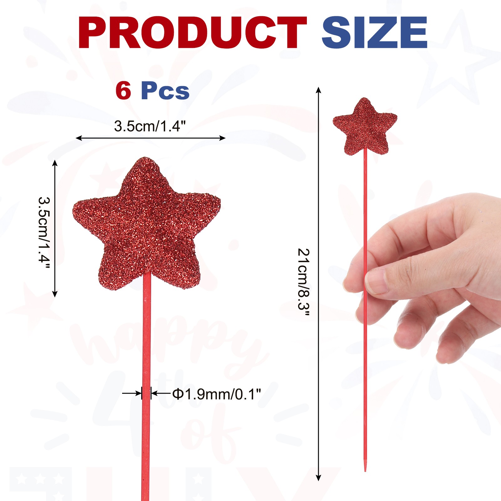 6 Pcs 4th of July Glitter Star Picks 8″ Puffy Sparkly Sticks (Red)