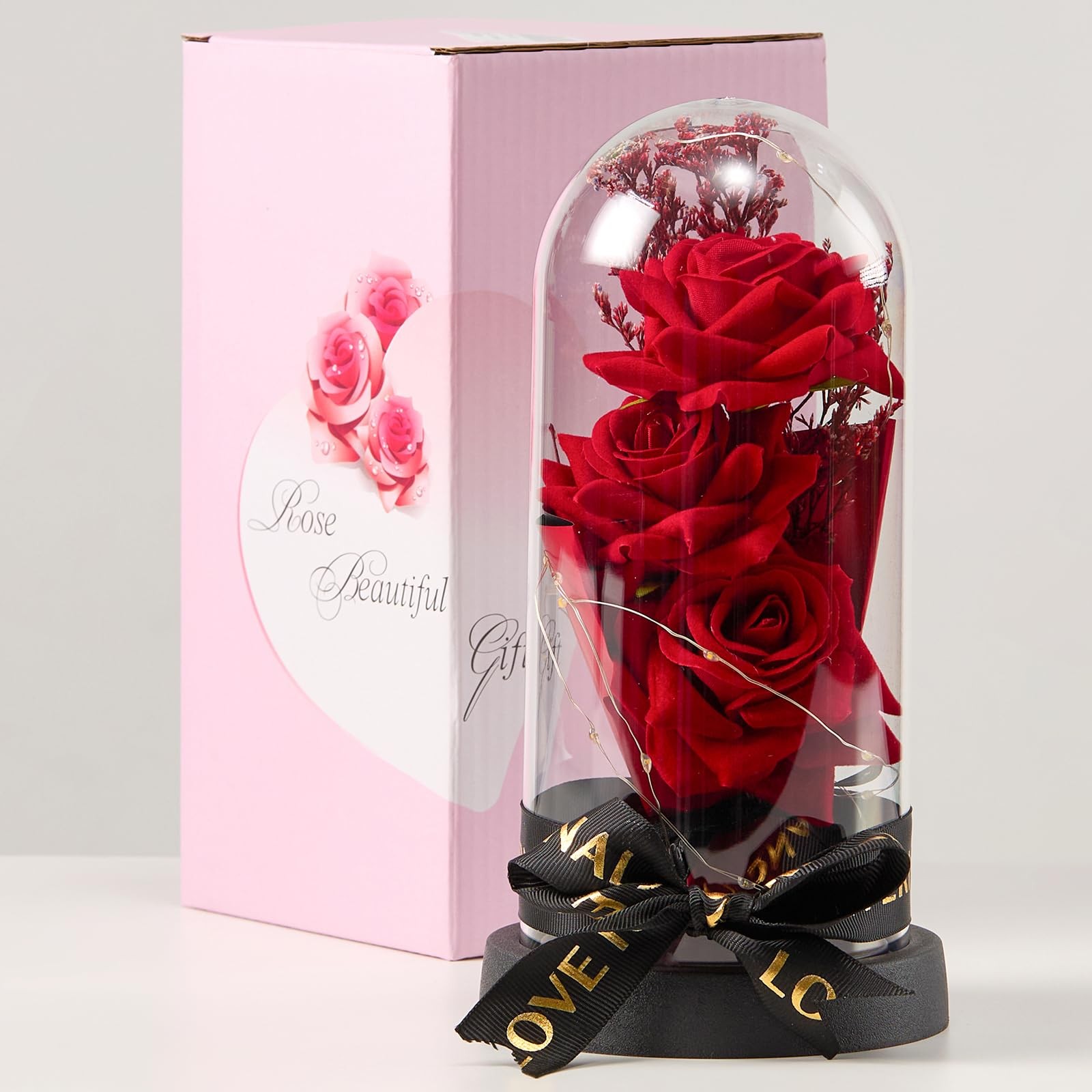 3 Blossoms Artificial Roses in Clear Dome with Lights Mother’s Day Decoration…