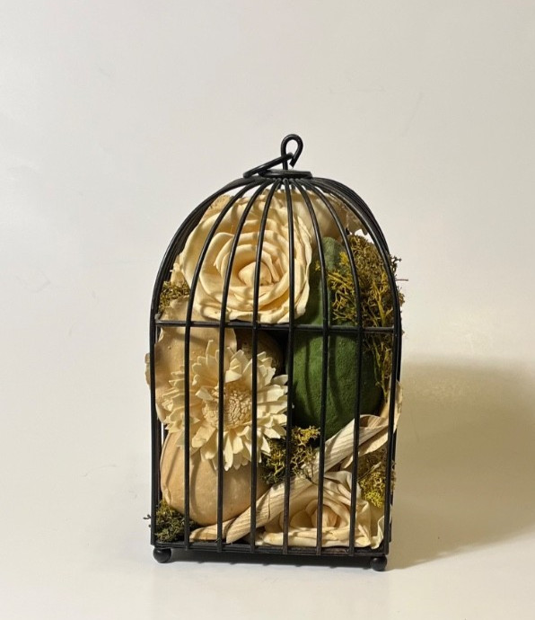 Wrought Black Rim Wire Hanging Dried Beige Floral Flower Arrangements BIRD CAGE