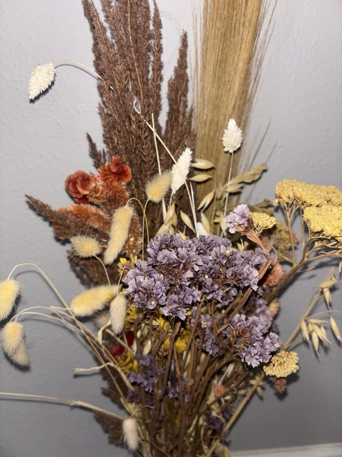 Fresh Dried Flower Arrangement in Gray Vase with Brown, Yellow, Purple, Cream