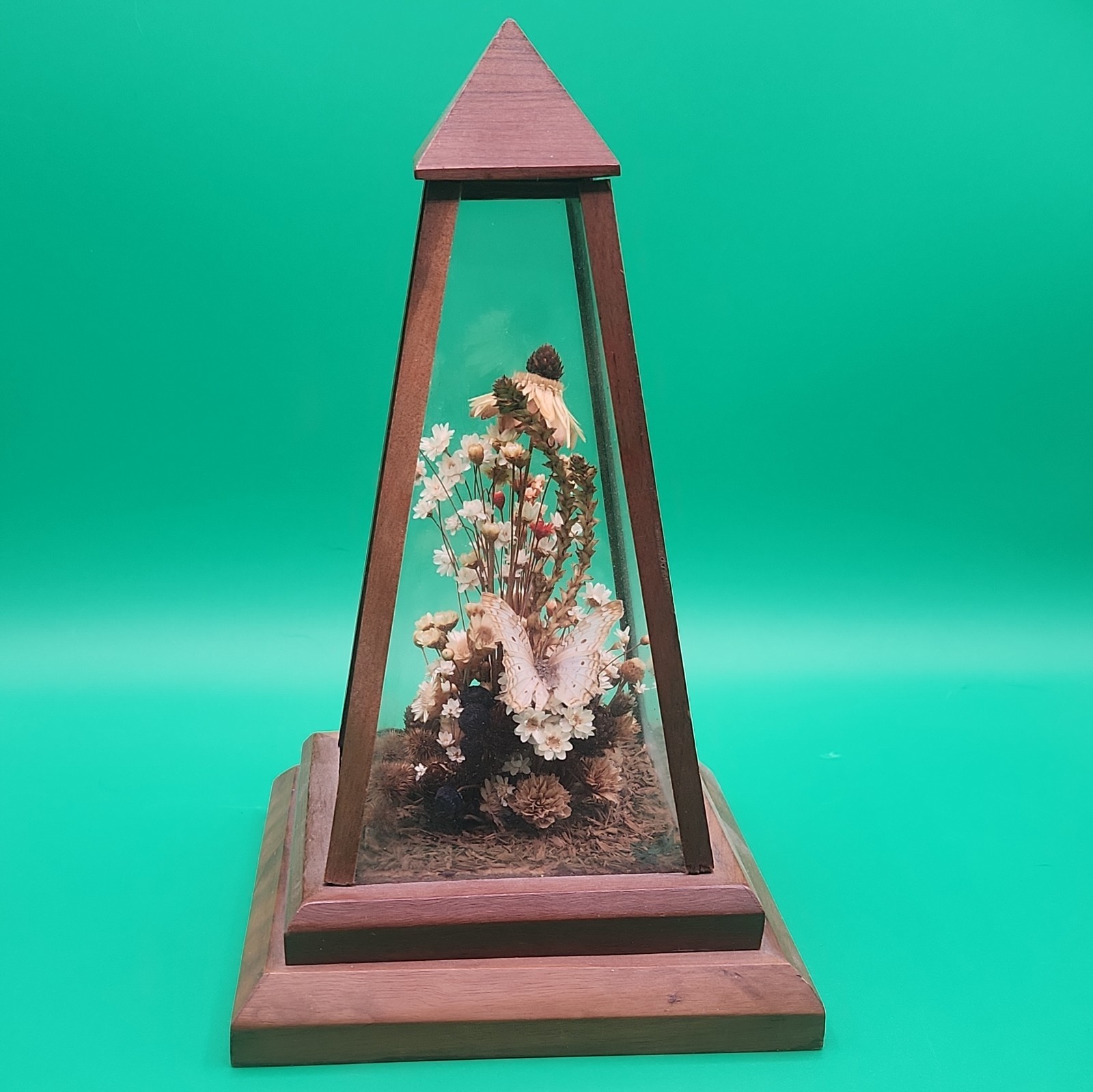 Vintage Dried Flowers With Butterfly 9” x6” Art obelisk glass box