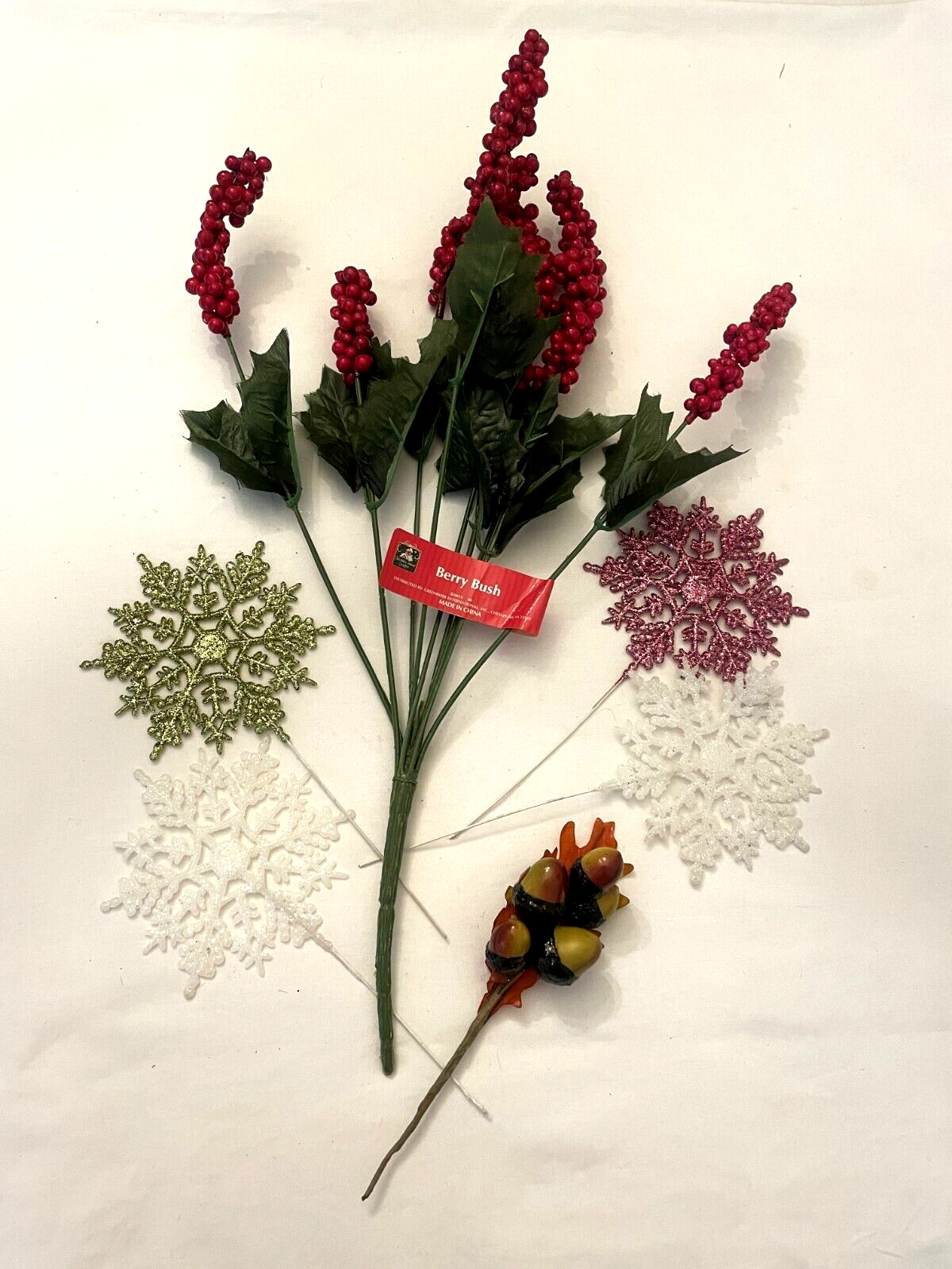 6 Flower Picks Assorted Sizes – Acorn, 4 Glitter Snow Flakes, Red Berry, Vintage