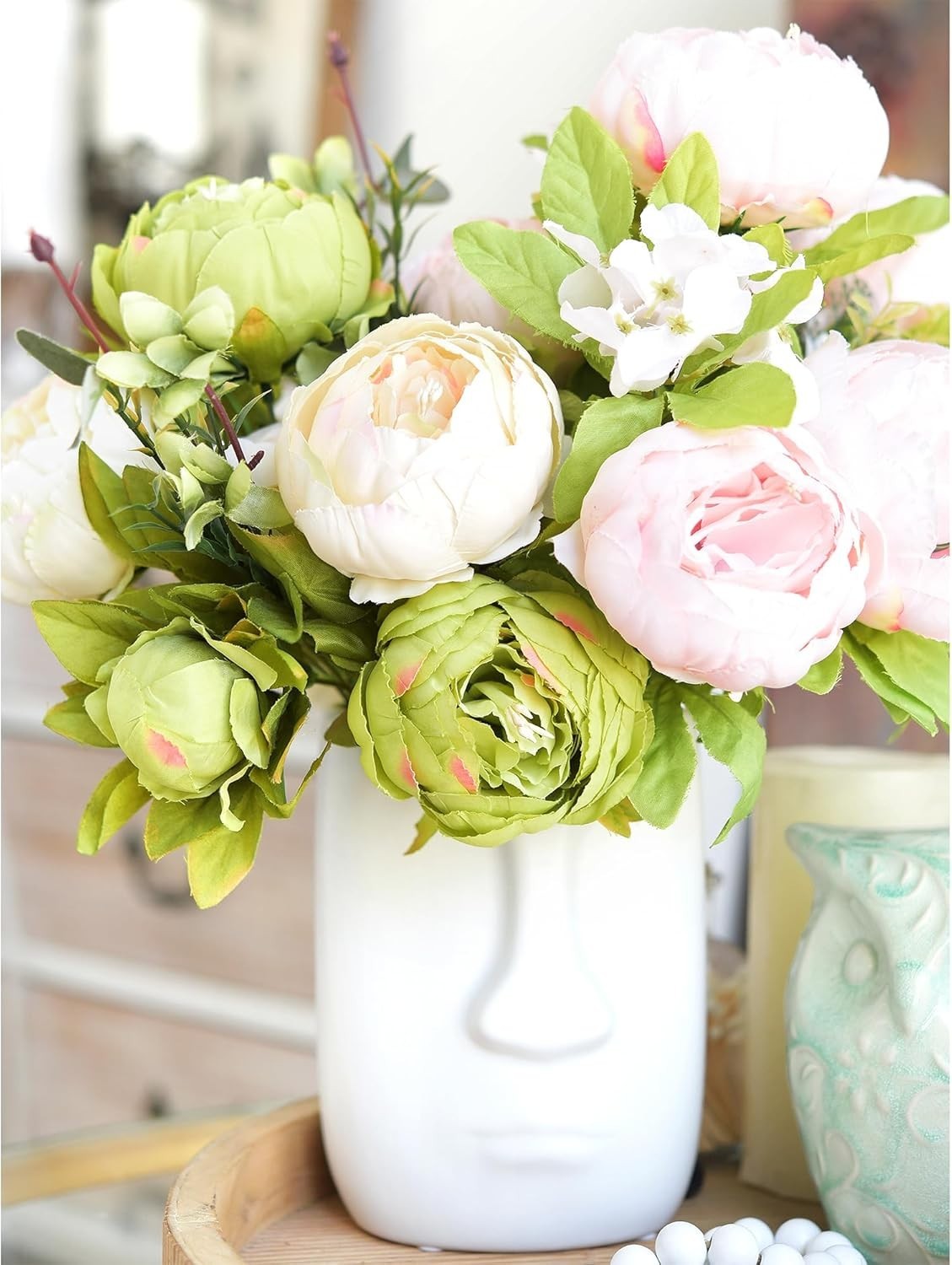 Lush Cream & Green Artificial Peonies
