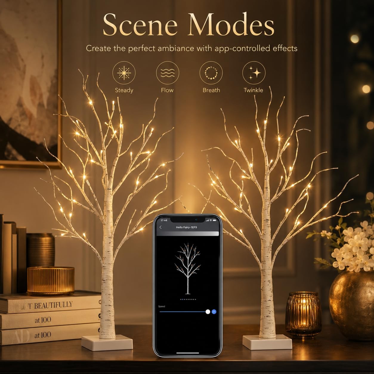 2 PCS 2FT Birch Tree With Lights LED Table App Control Warm White Fairy USB