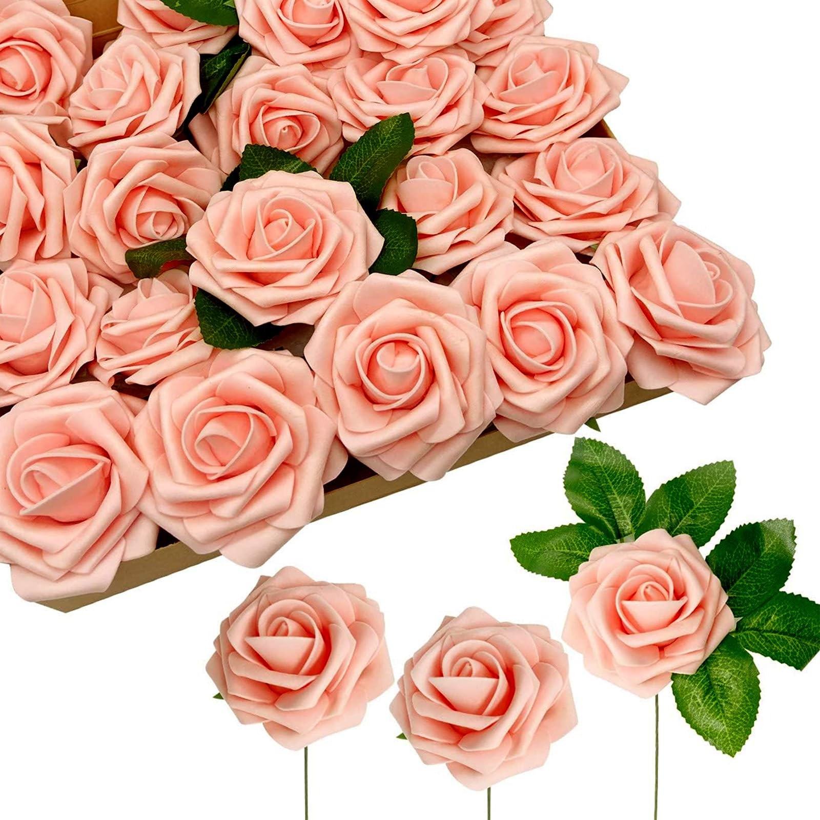 Artificial Peach Pink Foam Roses with Stems & Leaves – Pack of 50, Perfect fo…
