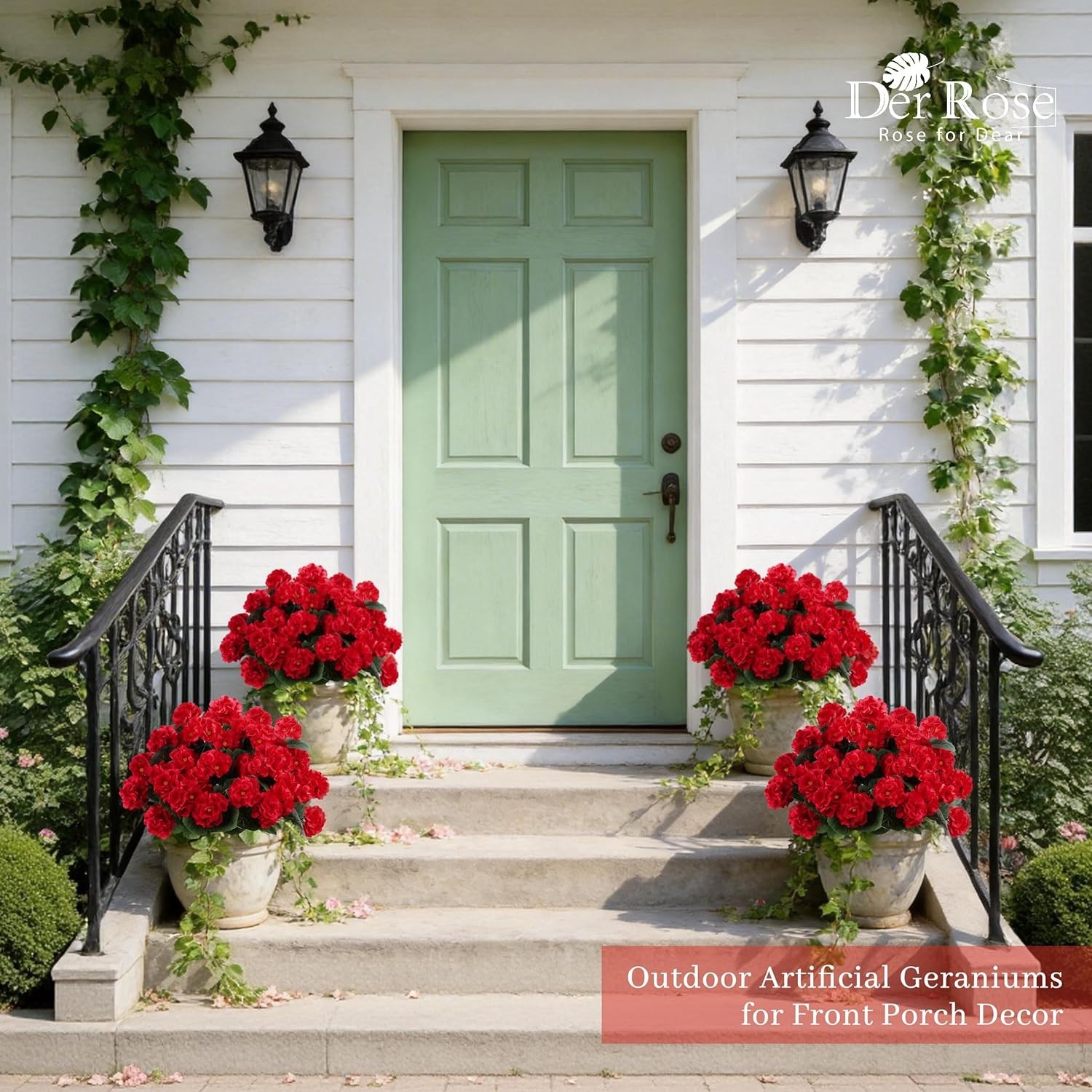6 Pack Red Artificial Geraniums Outdoor UV Resistant Faux Flowers Window Box Pat