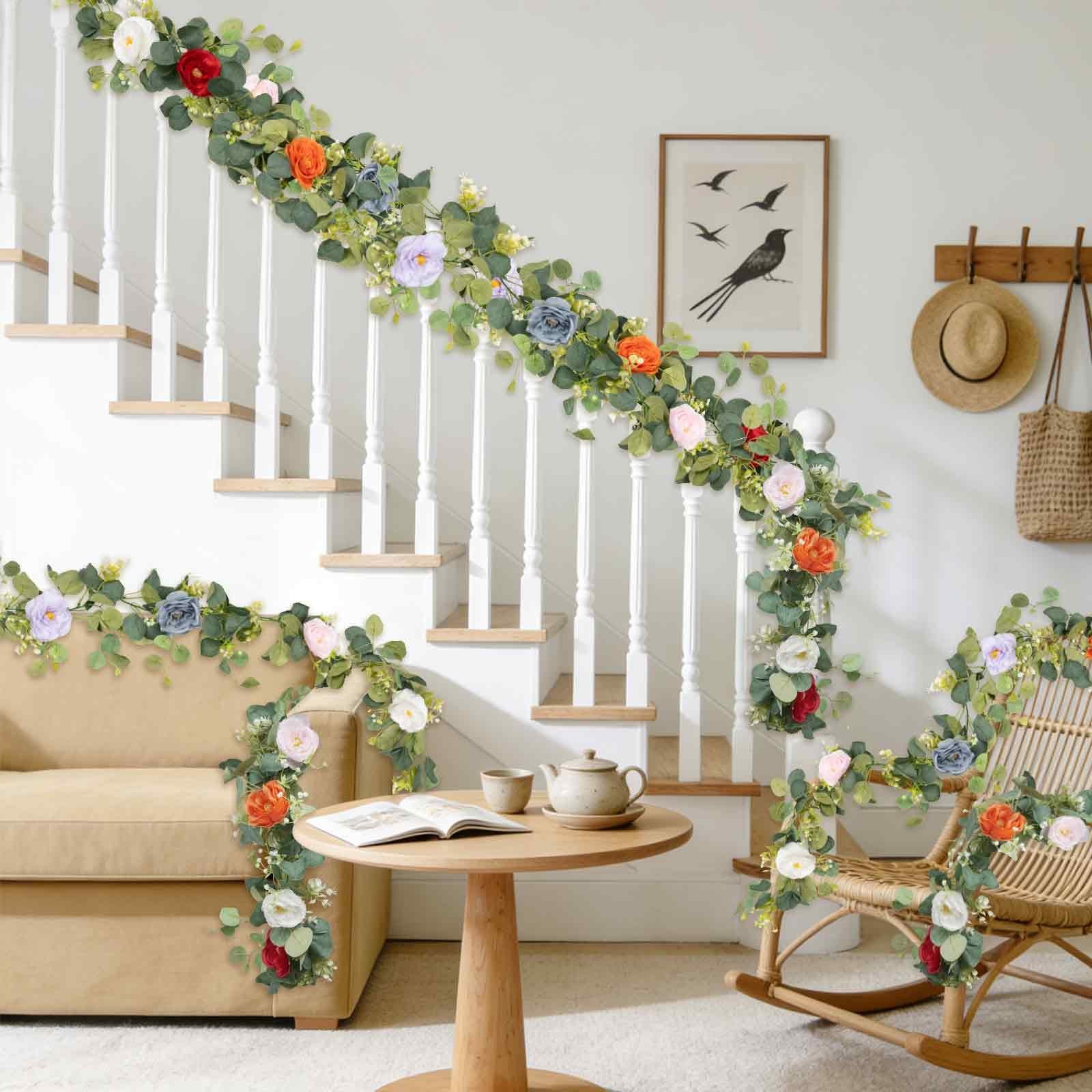2Pcs(10FT) Artificial Eucalyptus Garlands with Rose Flowers, Faux Floral Gree…