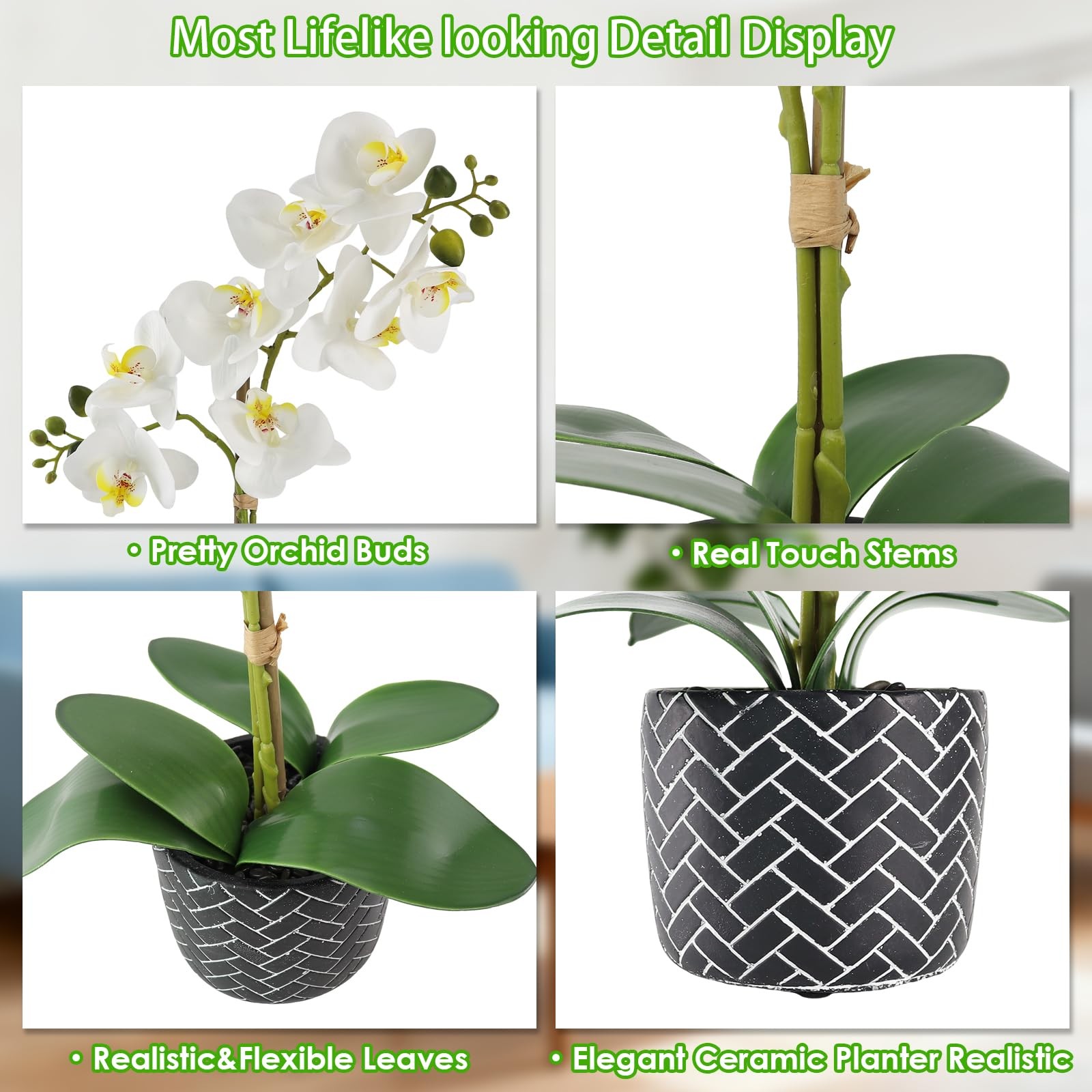 Orchid Artificial Flowers 16″ White Fake Orchid Flowers in Black Ceramic Pot …
