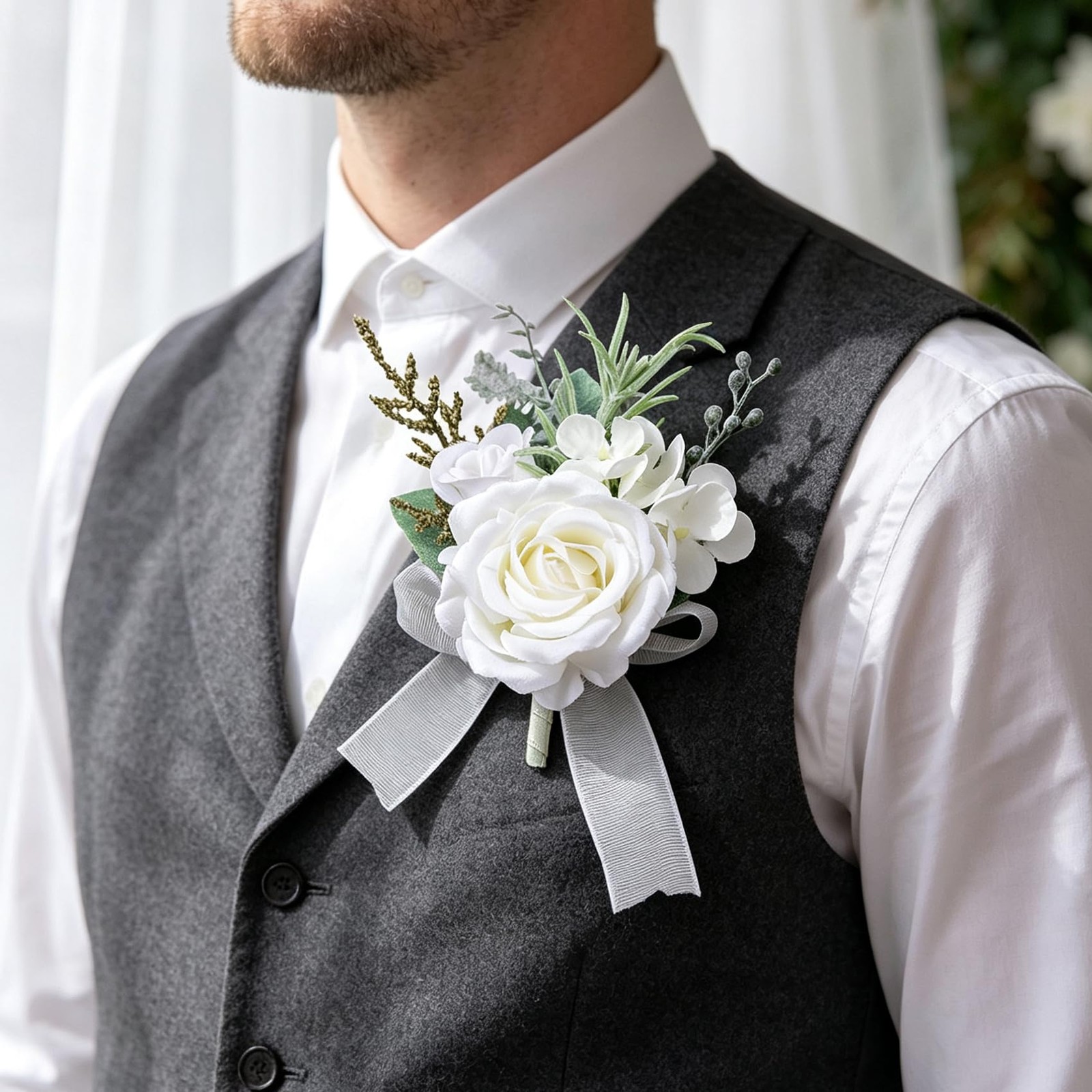 6 PCS Elegant Artificial White Rose Boutonniere For Men Wedding Prom Groom