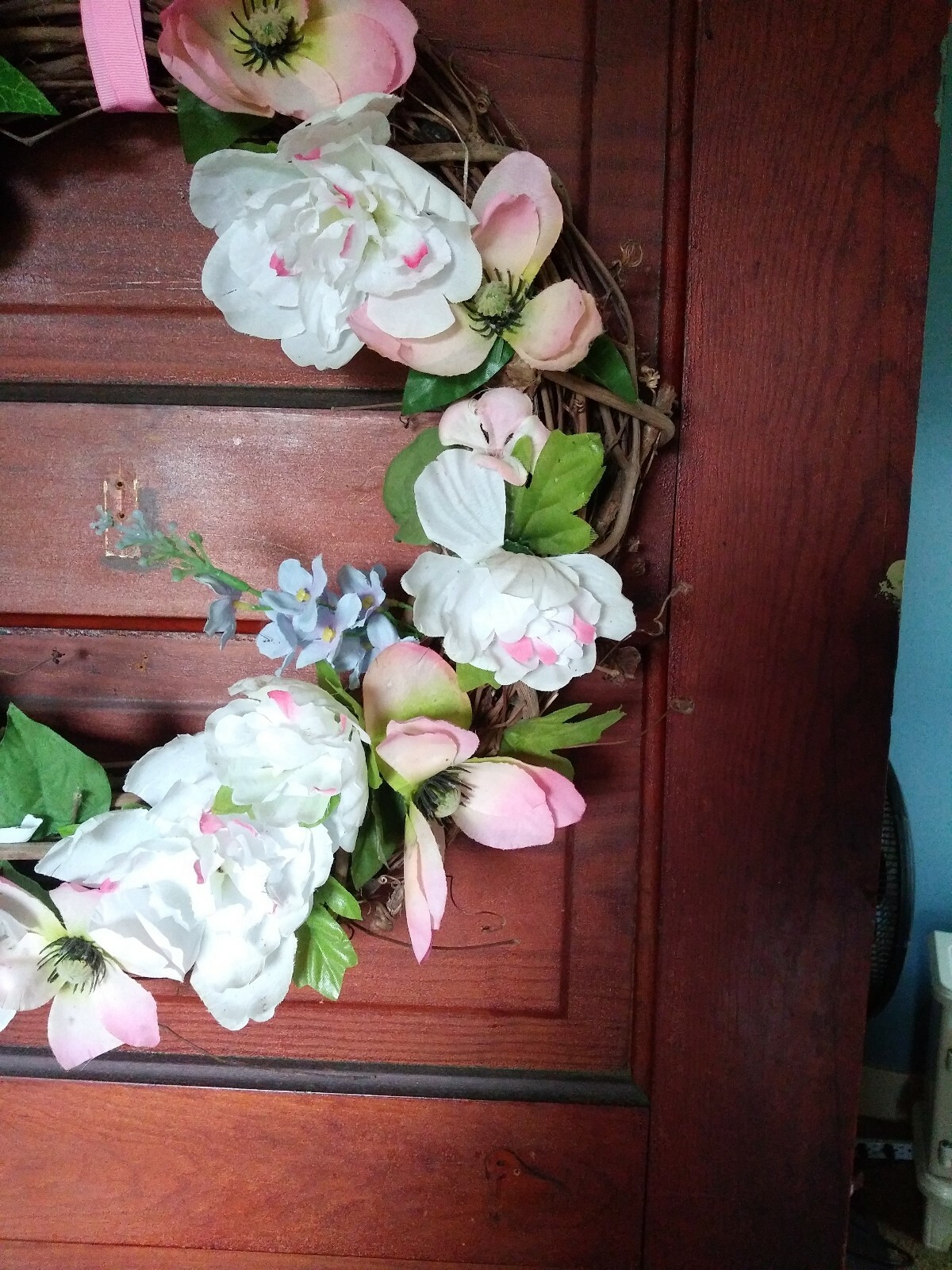 Springtime Pink, White And Blue Flowers W/green Leaves Grapevine Wreath…