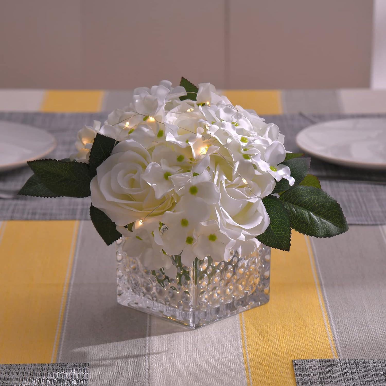 Artificial Silk Rose Flower Centerpiece Arrangement in Glass Vase with LED Light