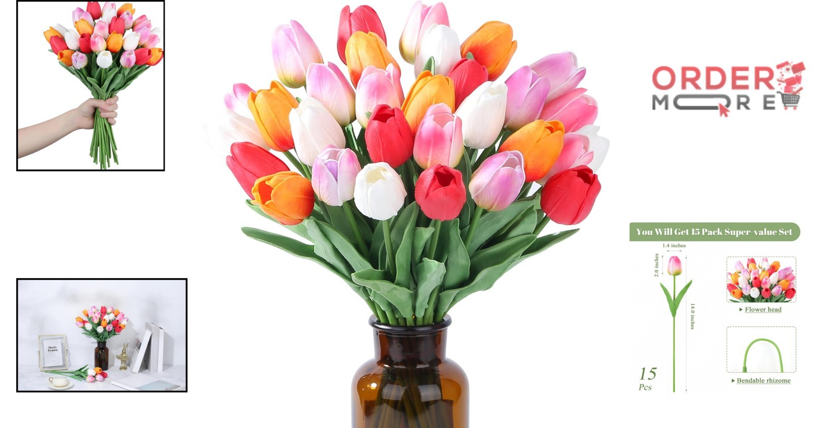Fake Tulips Artificial Flowers 15pcs Silk Decor for Wedding Home Party