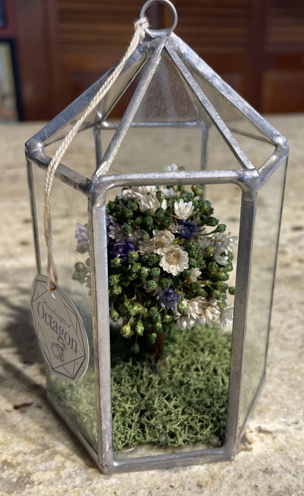 Handcrafted Octagon Real Dried Flowers Hanging Glass/Metal Frame Floral Decor 5”