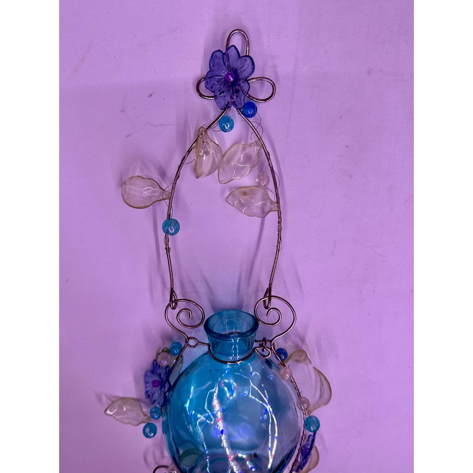 Vintage Blue Floral Glass Hanging Vase