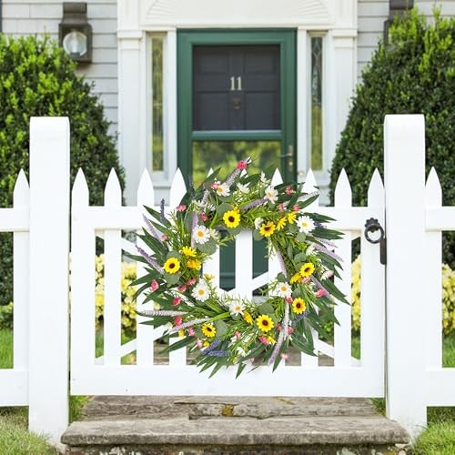 20″ Artificial Summer Wreath for Front Door – Sunflower Daisy Yellow – 20in