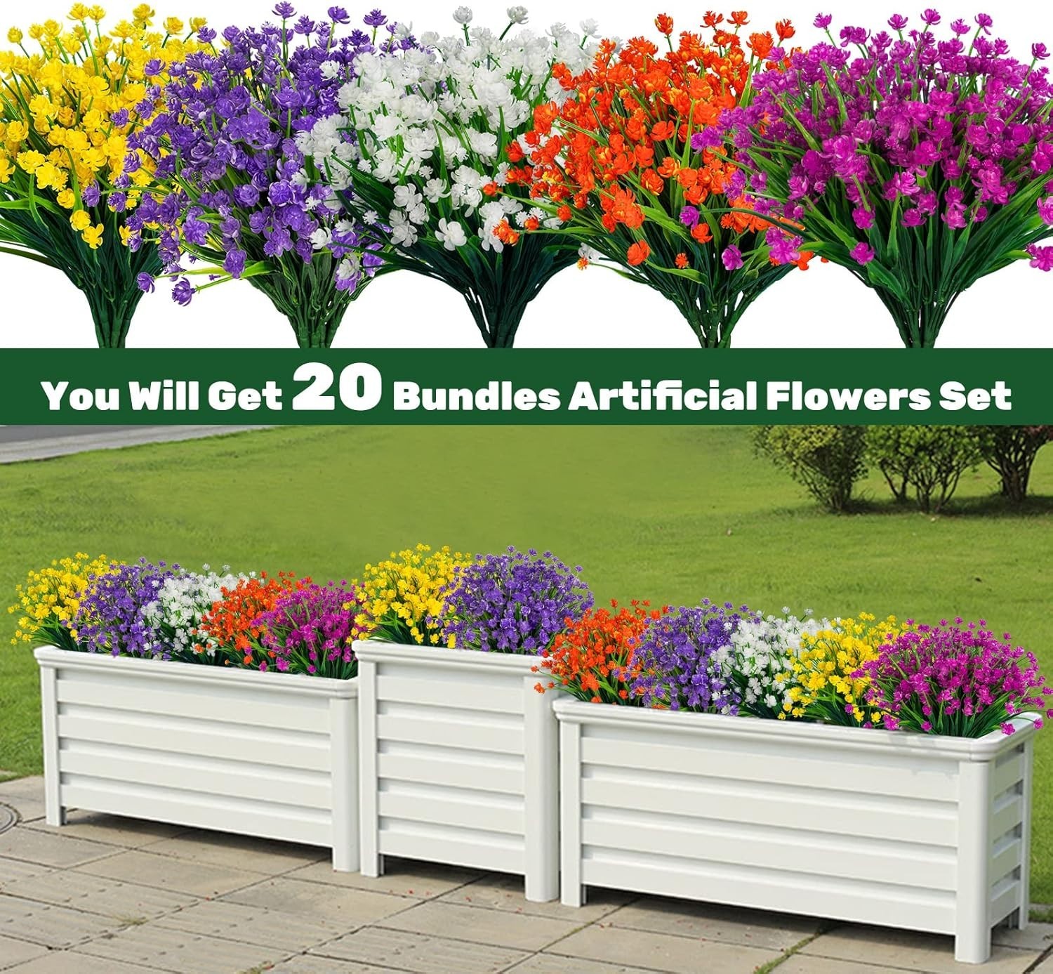 20pcs Artificial Fake Flowers,Plastic Flowers for Outdoor Decoration, UV Resi…
