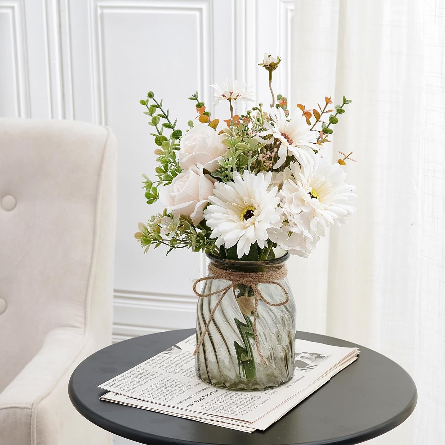 Fake Flowers Artificial Daisy Rose with Vase, Faux Silk Flowers Fake Plant De…