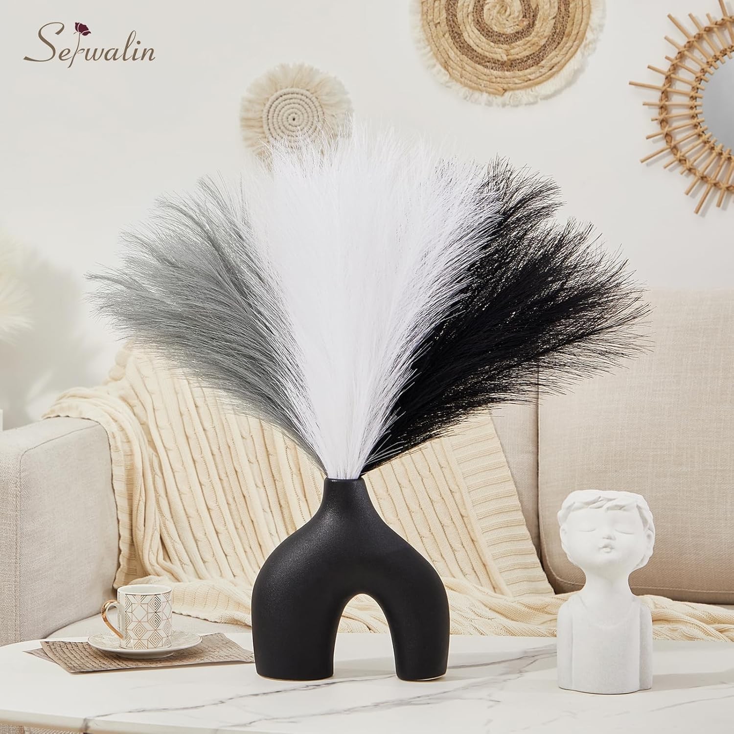 Pampas Grass Decor Black Pampas Decor, 17in 6pcs Faux Pampas Grass
