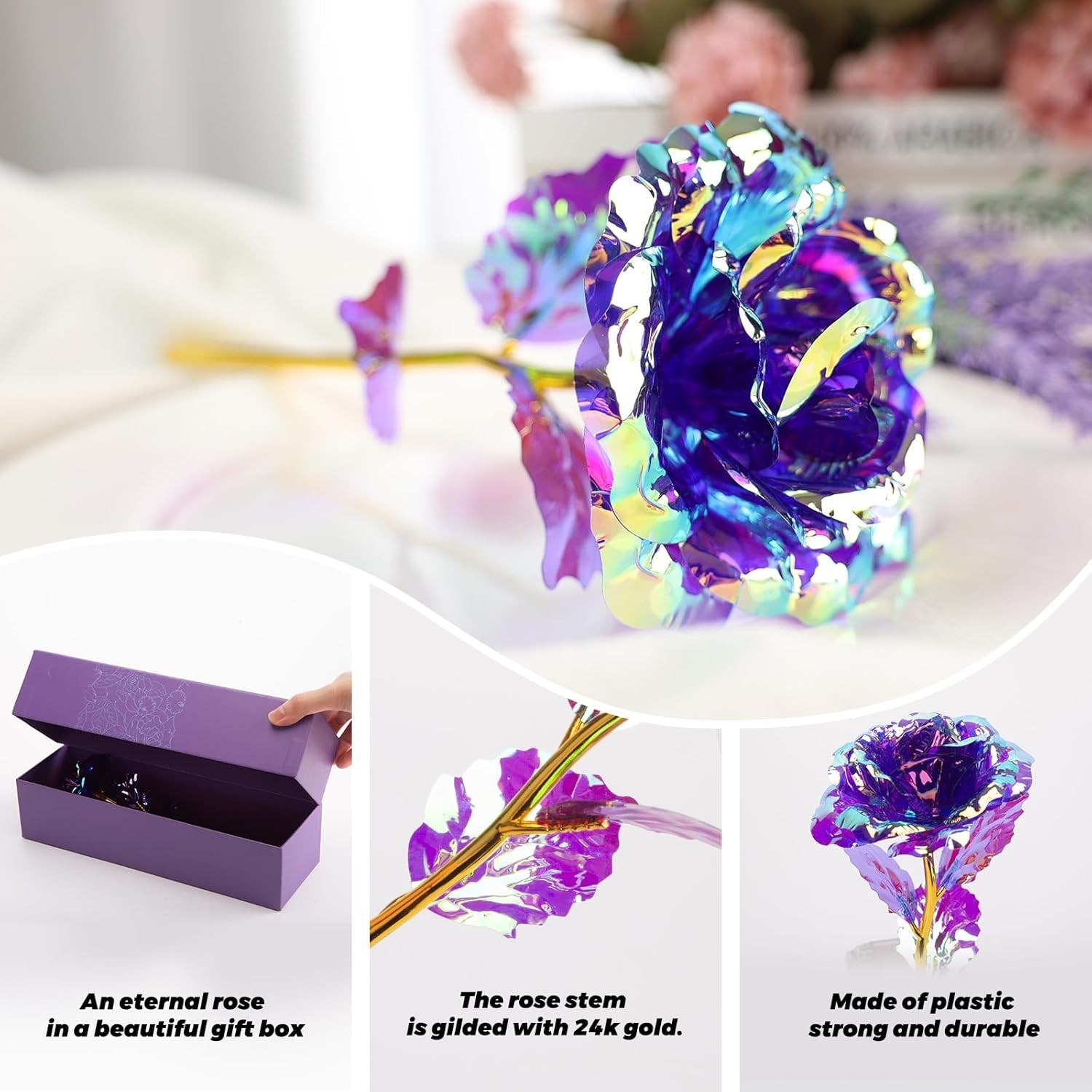 Gold Dipped Artificial Purple Rose Forever Flower Mother’s Day Anniversary Gift