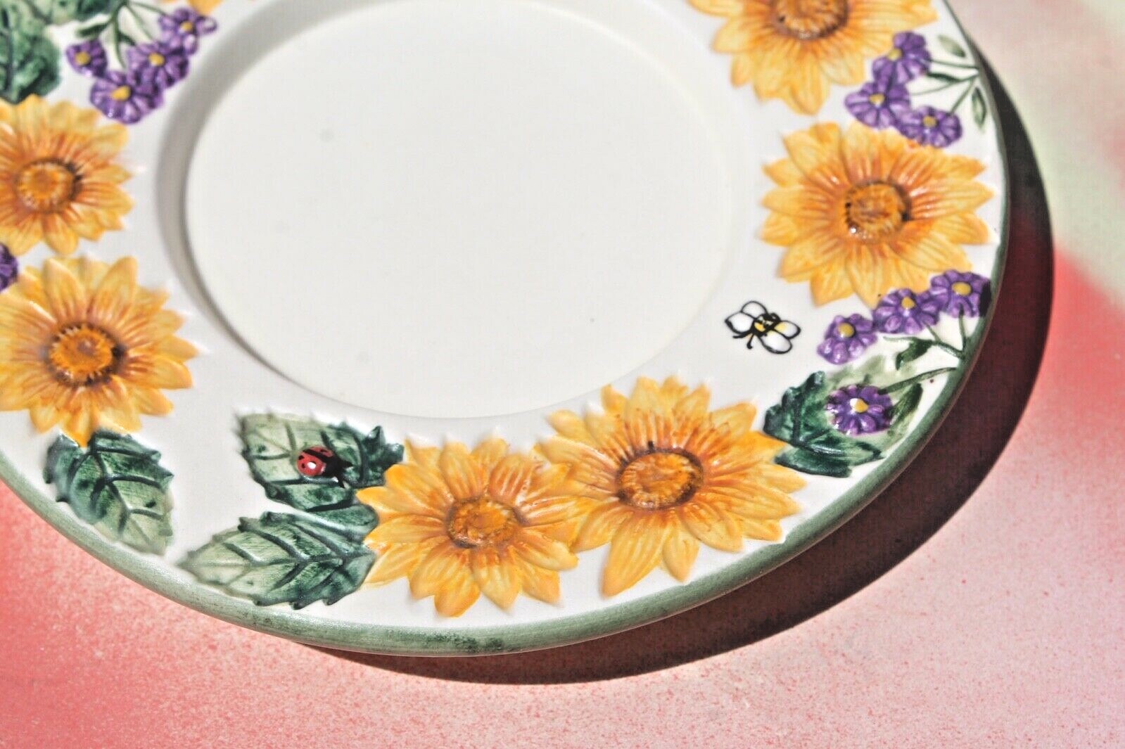 SUNFLOWER Embossed Border Pillar Candle Holder / Knick Knack Plate, 5″ diameter
