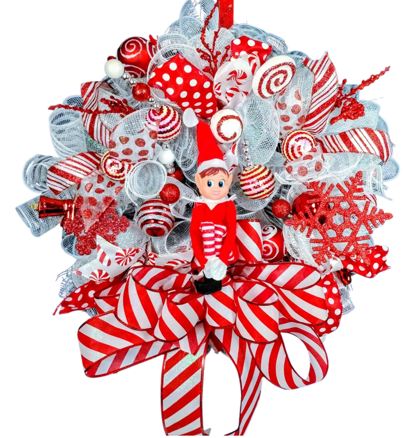Christmas Elf Front Door Wreath Large 24″ Handmade Deco Mesh Holiday Decoration