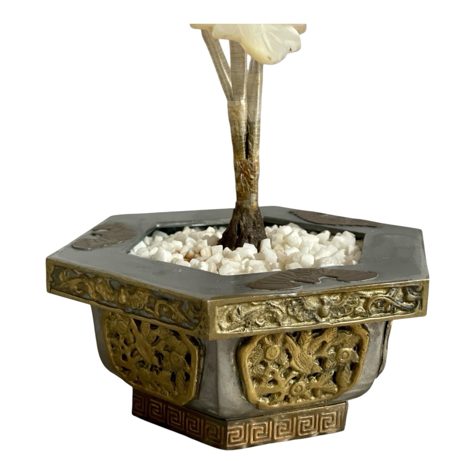 Vintage Mother of Pearl Capiz Shell Flower Bonsai Tree Bronze Planter 12”