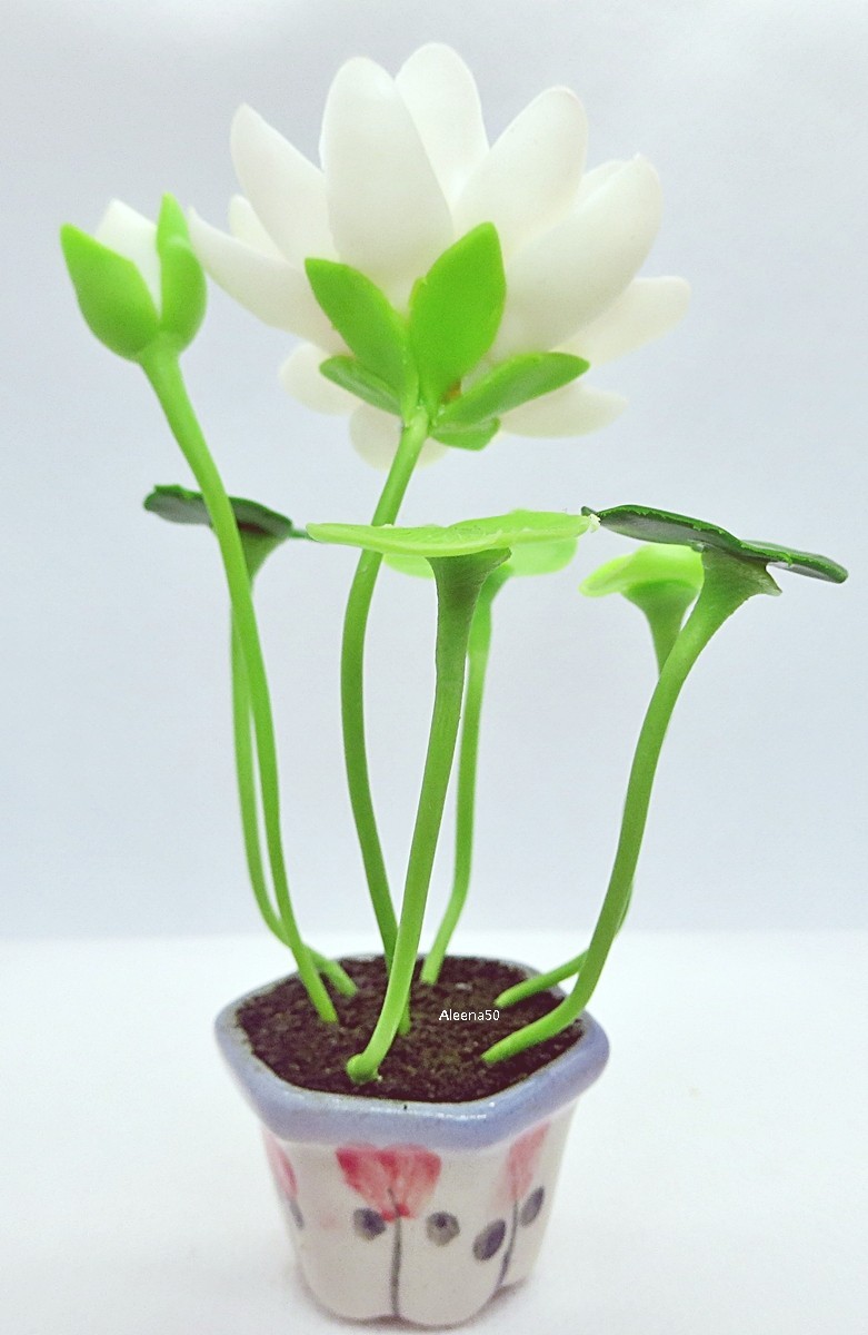 4″H Handcrafted Miniature Clay Lotus Flower Varieties Arranged in Pot | US Stock