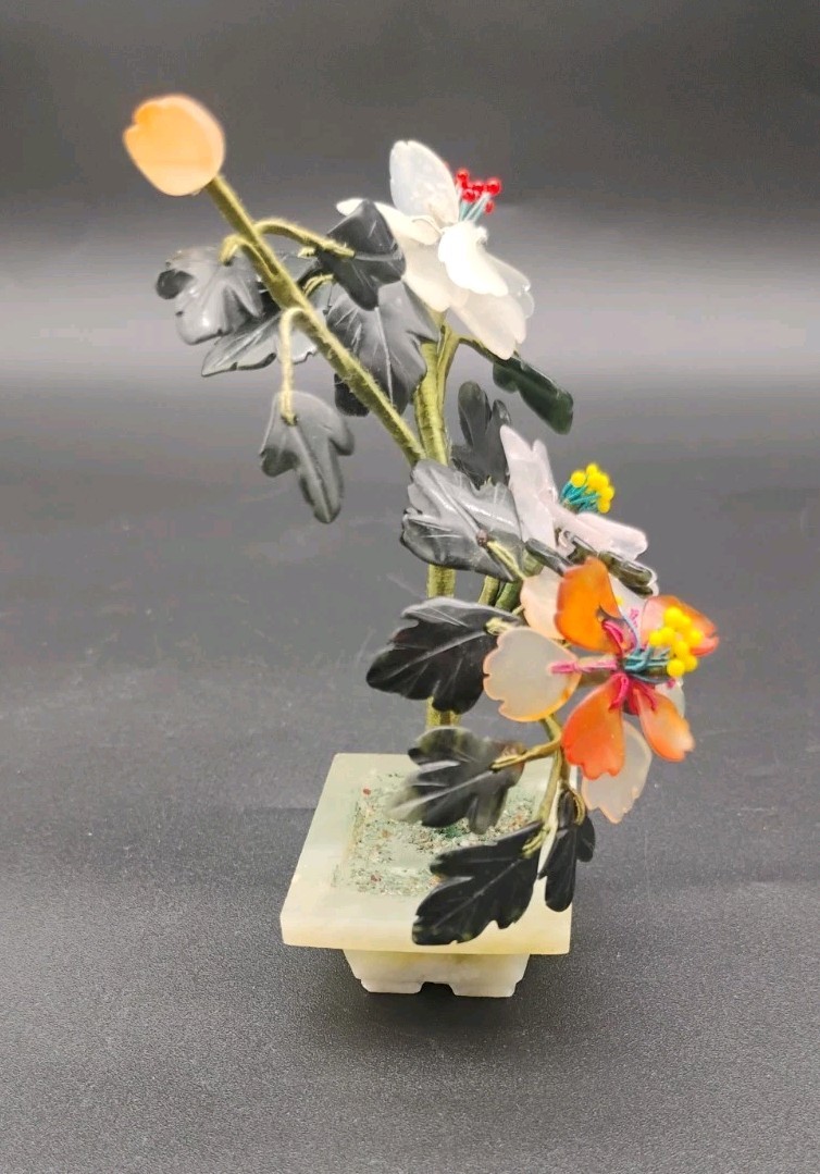 Carved Chinese Jade Crystal Hardstone Flowers Leaves & Planter Small 4 1/2″ Tall